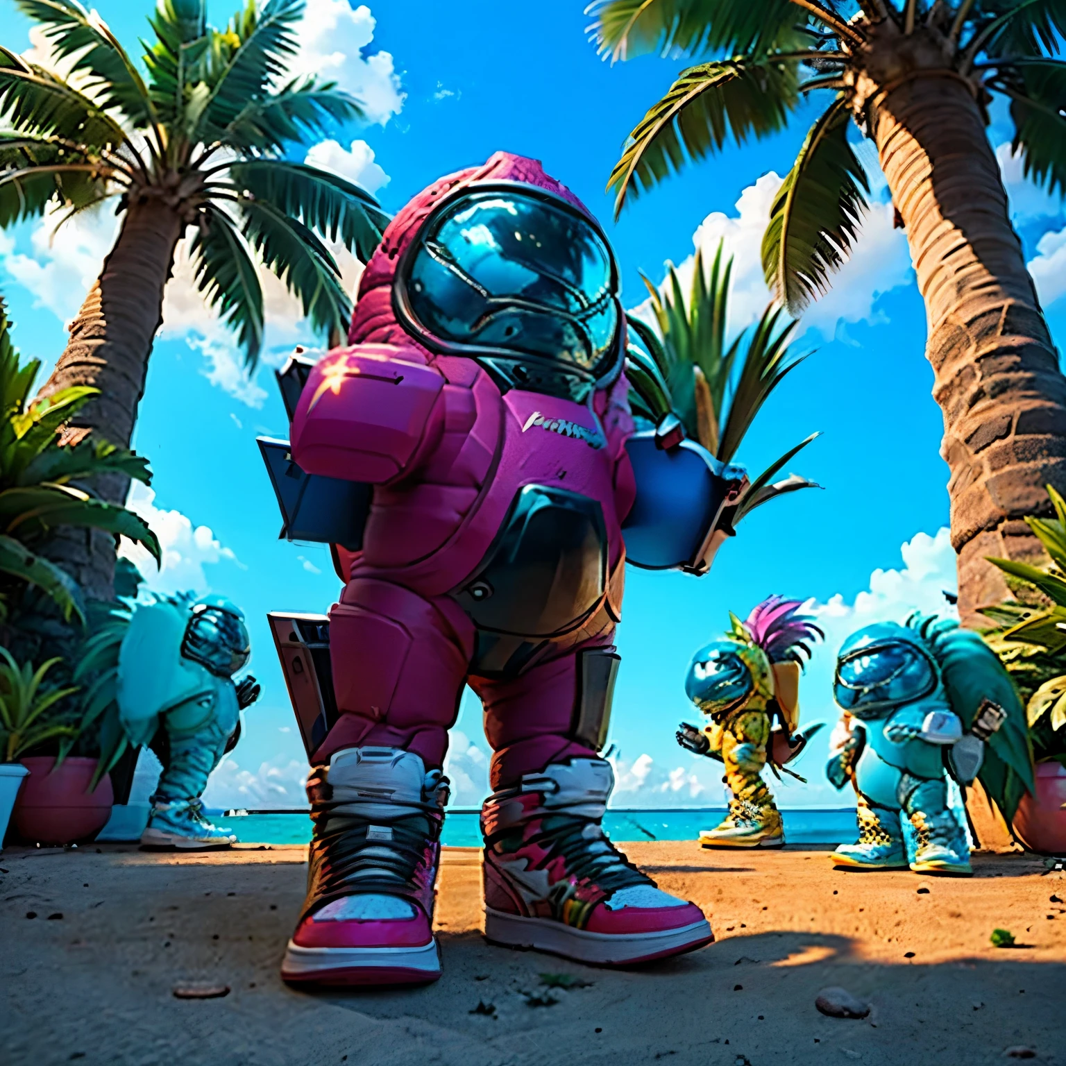 standing solo, alone, 1character, a highly detailed and photorealistic edgAMOGUS_character, wearing an edgeAMOGUS costume, cartoonish image, very colorful image, pool party, tropical environment, pineapple plants, coconut palms, standing near ocean, romatic, bright image, fun