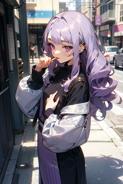 20s, purple eyes, silver to purple gradient hair, lots of piercings, street fashion, short woman, long hair, curly hair, 2D touch