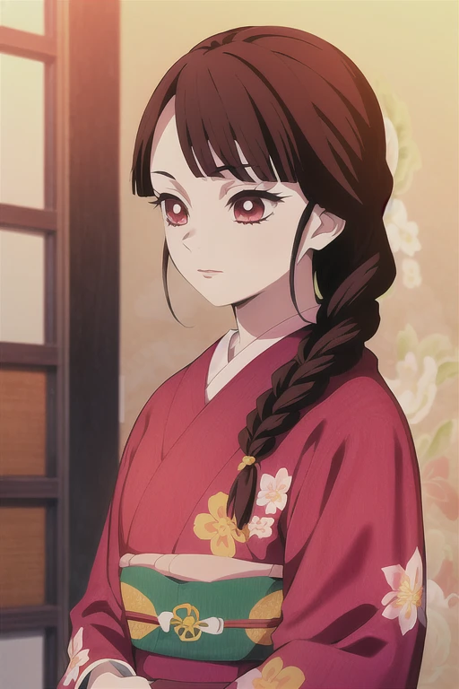kimetsu no yaiba style,1girl, solo, japanese clothes, kimono, red eyes, long hair, hair over shoulder, braid, floral print, brown hair, upper body, anime coloring, ((masterpiece))