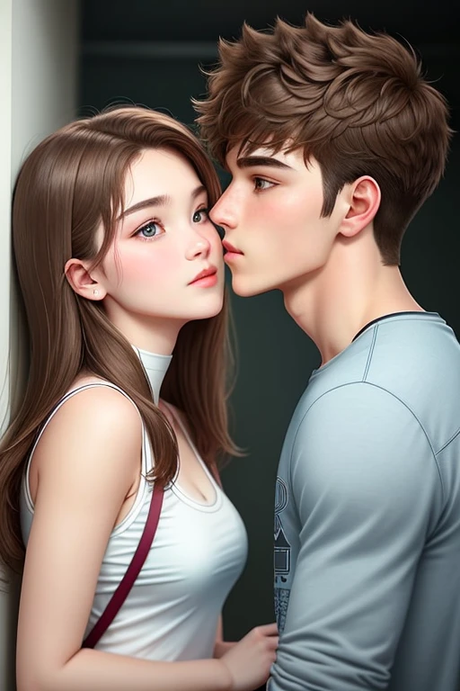 boy-girl-boy, aggressive kissing kiss, staring intently to eyes. No one look at front. Hand on the face. 
20-year-old boy, 18-year-old girl and 20-year-old boy .  Detailed face, Detailed eyes, double eyelid, cute, sunny, warm vibes, Handsome-cool-warm-boy with brown hair, cute-beautiful-girl with brown hair and blushing face, handsome-bad-cool-boy with brown hair. Intimate vibes. Cool tone. 