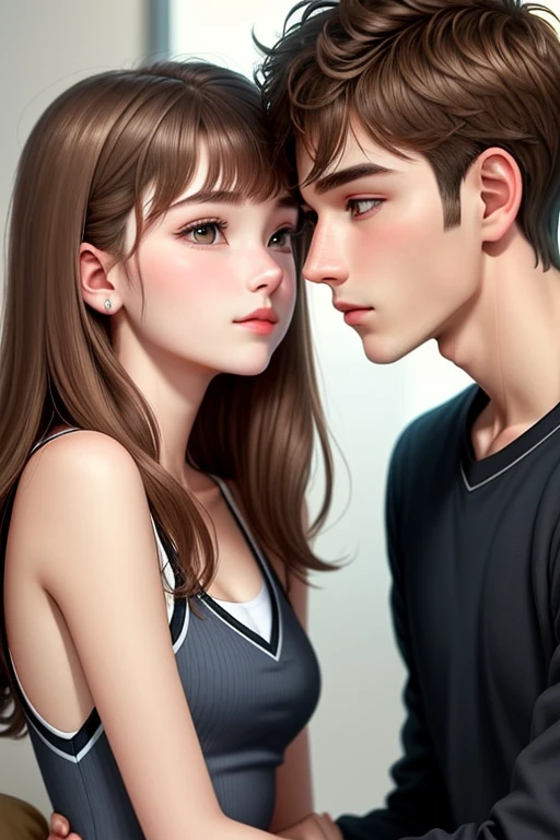 boy-girl-boy, aggressive kissing kiss, staring intently to eyes. No one look at front. Hand on the face.
20-year-old boy, 18-year-old girl and 20-year-old boy . Detailed face, Detailed eyes, double eyelid, cute, sunny, warm vibes, Handsome-cool-warm-boy with brown hair, cute-beautiful-girl with brown hair and blushing face, handsome-bad-cool-boy with brown hair. Intimate vibes. Cool tone.