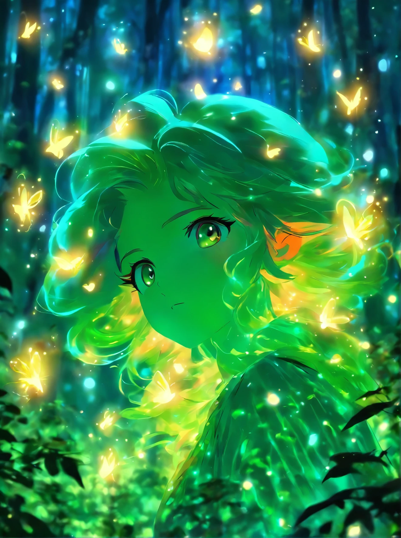 painting of a woman in a forest with a light shining on her, the moonlit dance of the fae, concept art magical highlight, enchanted with nature spirit, fireflies and sparkling wisps, magical concept art, in a magical forest, a friendly wisp, in the magical forest, magical forest with fireflies, in a forest at night, fairytale painting