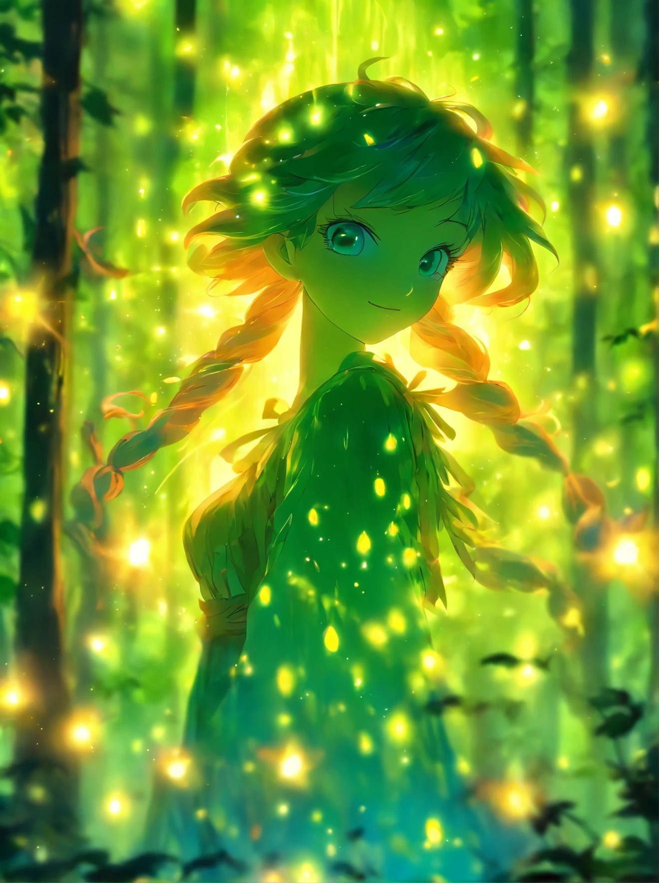 painting of a woman in a forest with a light shining on her, the moonlit dance of the fae, concept art magical highlight, enchanted with nature spirit, fireflies and sparkling wisps, magical concept art, in a magical forest, a friendly wisp, in the magical forest, magical forest with fireflies, in a forest at night, fairytale painting