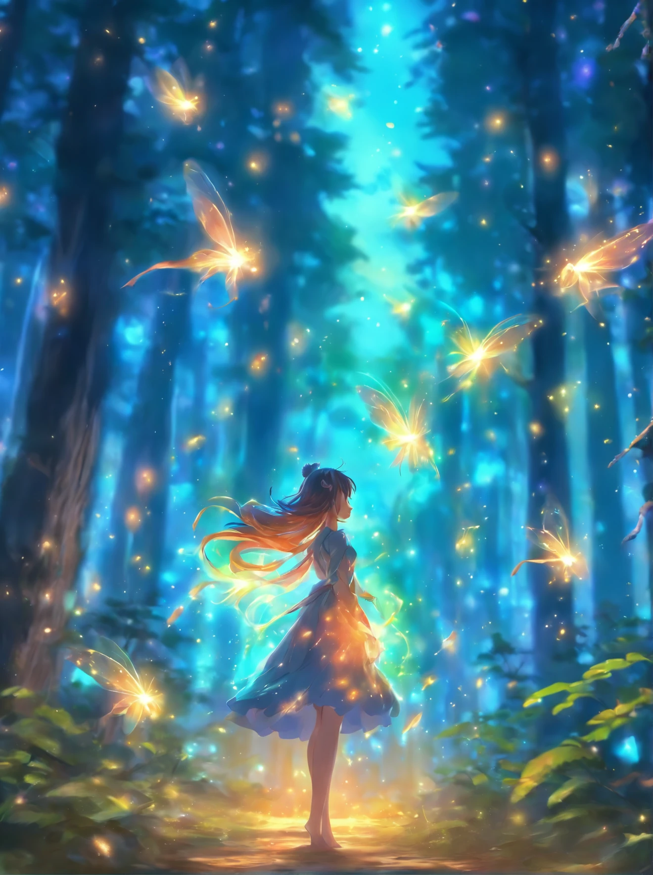 painting of a woman in a forest with a light shining on her, concept art by Jason Benjamin, trending on cgsociety, fantasy art, the moonlit dance of the fae, concept art magical highlight, enchanted with nature spirit, fireflies and sparkling wisps, magical concept art, in a magical forest, a friendly wisp, in the magical forest