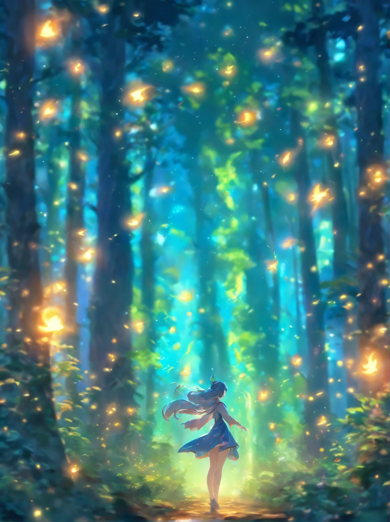 painting of a woman in a forest with a light shining on her, concept art by Jason Benjamin, trending on cgsociety, fantasy art, the moonlit dance of the fae, concept art magical highlight, enchanted with nature spirit, fireflies and sparkling wisps, magical concept art, in a magical forest, a friendly wisp, in the magical forest