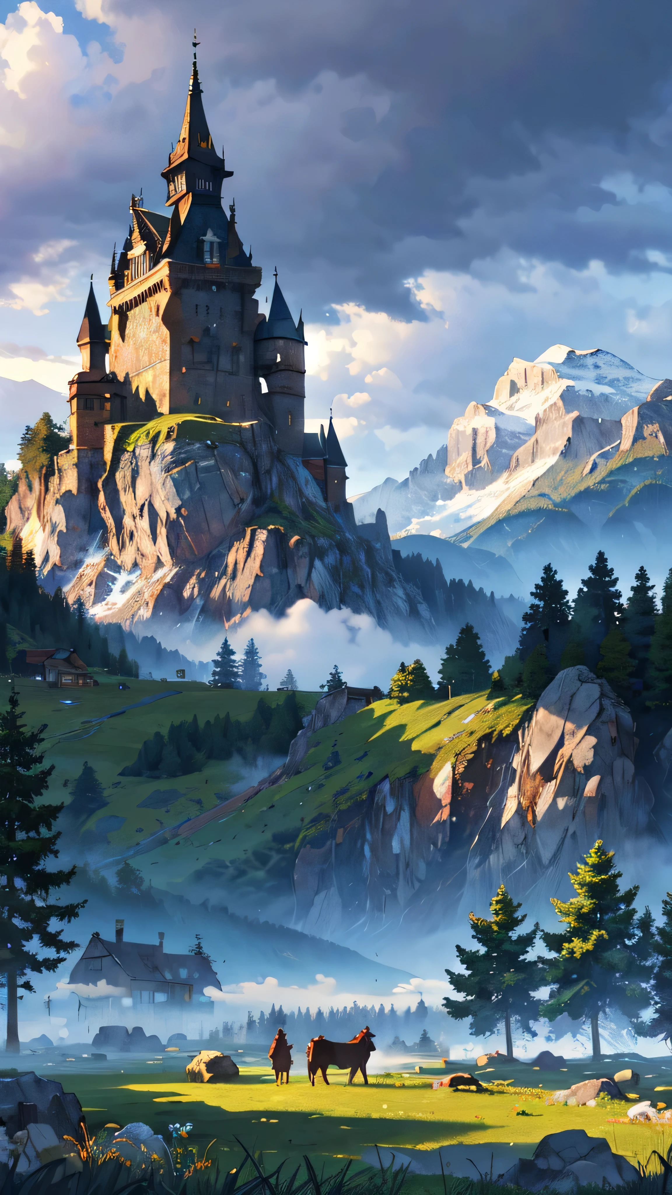 meadows, mountains, stone, day, cloudy, wood house, medieval times foggy, (masterpiece, best quality:1.2)