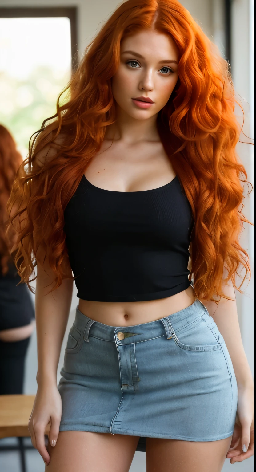 ((melhor qualidade)), ((obra de arte)), (detalhado), Masterpiece, a stunning woman, (Ella Hughes:Faye Reagan:Dani Jensen:1.0) a close up of a woman with short skirt with long red hair wearing a denim jacket, she has long redorange hair, she has long orange brown hair, flowing ginger hair, red hair and attractive features, long glowing red hair, curly copper colored hair, ginger wavy hair, long blonde or red hair, long orange hair, ginger hair, with long red hair, long loose red hair, skirt short, mini skirt