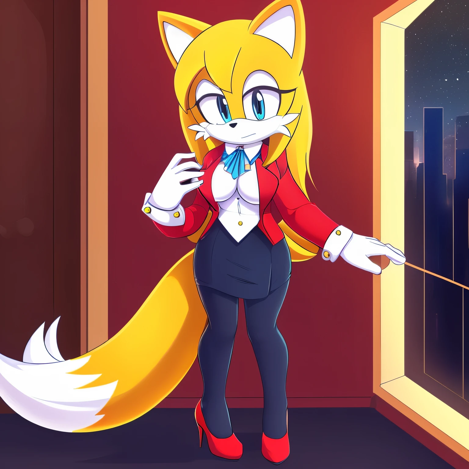 score_9, score_8_up, score_7_up, 2D, ((Masterpiece)), high quality, studio quality, ((((solo)))), ((((1girl)))), (((Tails the Fox but female))), Female Tails, Female, Mobian, Fox, (((light yellow fur))), (((long light yellow hair))), light blue eyes, medium breasts, Jewel cosplay, Jewel the Beetle cosplay, Jewel’s outfit, looking at herself, (embarrassed expression), office, desk, laptop, window, night, lower back length hair, long hair, (hair bangs), (nervously/scared), furry female anthro, ((looking down at her own breasts)), (she wears a rose red colored blazer with two navy buttons), ((long sleeved rose red blazer)), (((white cravat))), gold brooch with medium blue gem, (a matching rose red colored pencil skirt), (((rose red pencil skirt))), (white gloves with navy cufflinks), ((navy tights)), (rose red colored high heels), ((rose red high heels)), (((one hand on chest)))

