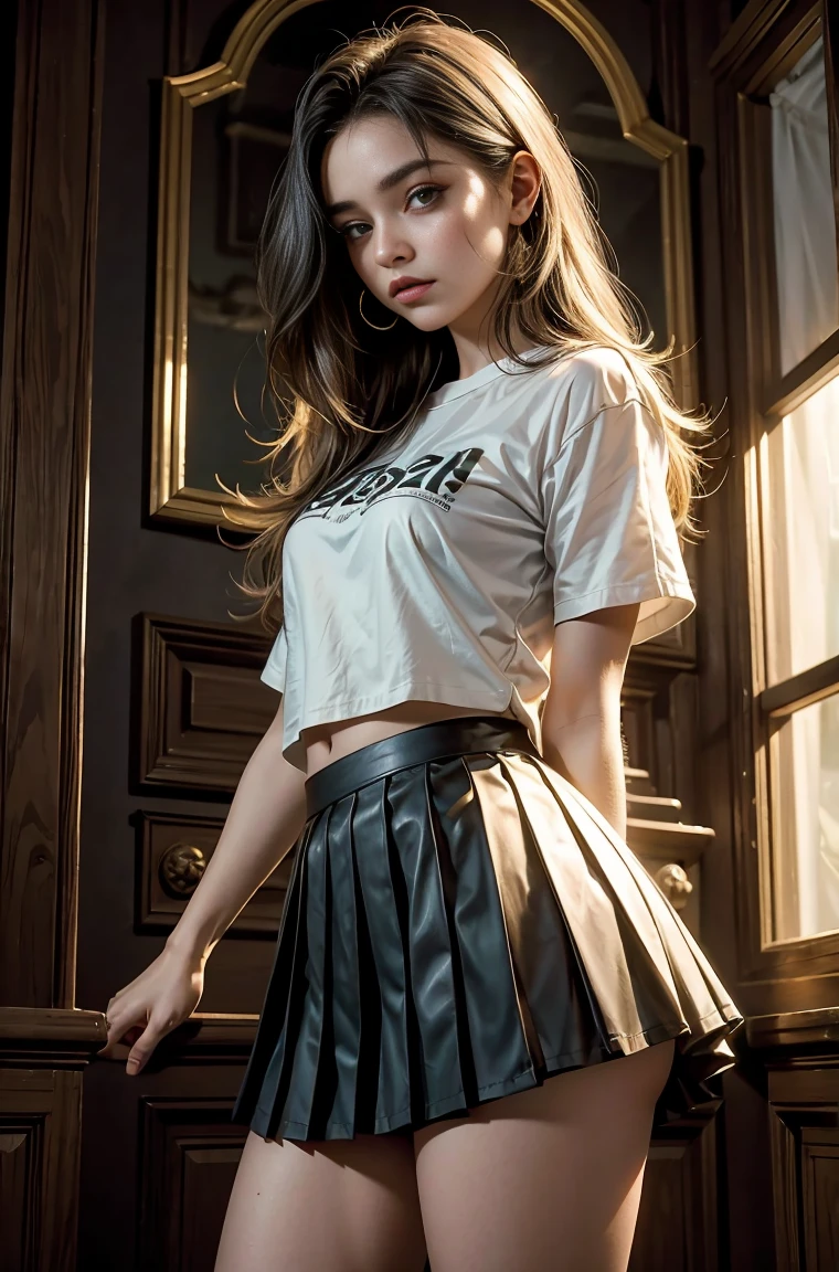 Uma garota jovem 20 anos cabelo curto, ela esta mini skirt pleated de pernas abertas, ela esta com um top curto marcando seus seios apertados