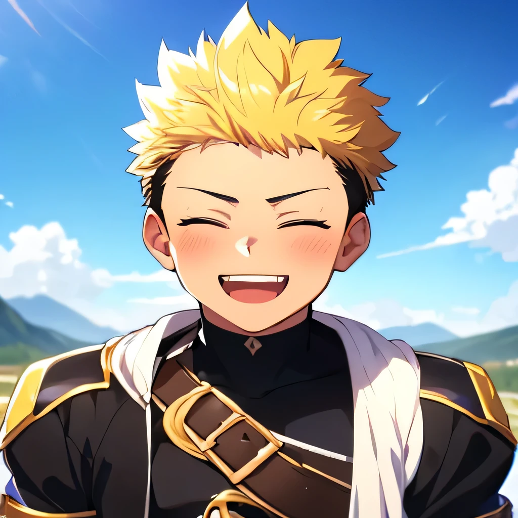 2 boy,kiss,(close eyes:1.2),(be happy:1.4),shoulder to shoulder,,happy blonde and black hair,black eyes,jacket,shirt,blush,(happy smile),blue sky backgroundy,Masterpiece,Top Quality,High quality,Ultra detailed,insanely detailed,beautiful,detailed eyes,anime style