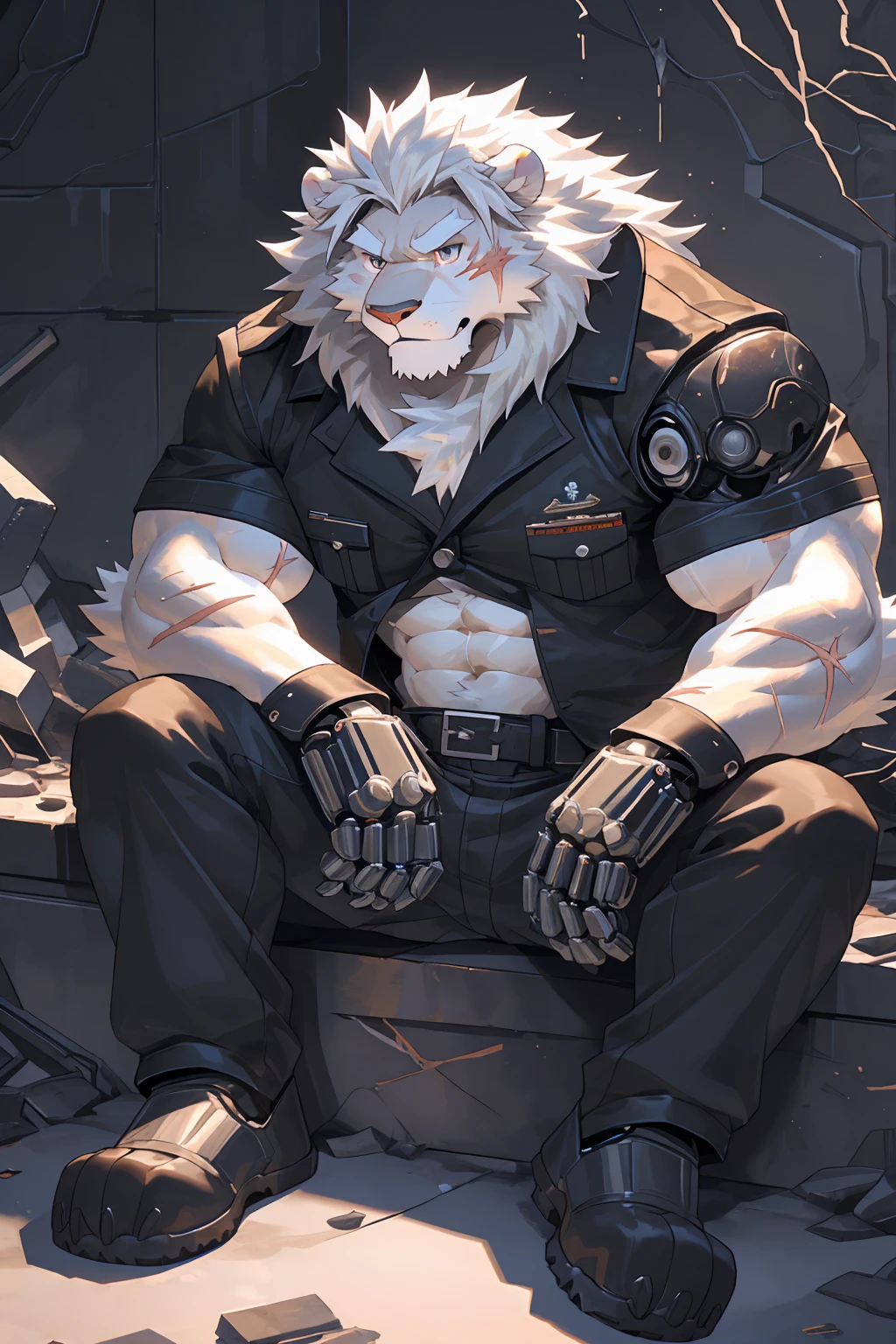 (male focus, Handsome 1boy, single, solitary:1.3), Imperial General,protrait photo, (Black claws,Black nails:1.4), (White thick eyebrows, White mane:1.2), (White ears:1.4), (White hair, White skin, White body:1.4), (Perfect black eyes,:1.4),
, Semi-mechanized, lion, lion boy, lion body, (big eyes, large eyes:1.3), Chubby, Larger face, (White tail, lion的尾巴:1.2), Human feet,
(Black military uniform, Black tie, Black leather belt, Black military boots:1.3), Black gloves, Ragged clothes, Tattered pants, (Mechanical arm, Mechanical feet, Mechanical prosthetic eye:1.3),
(full body:1.2), Whole body, (Mature men:1.3), (muscle, Strong male, muscle男, Chest muscles:1.3), (Abdominal muscles:1.3), (Stout legs:1.3), (sitting, Sitting by the wall:1.3), (Looking at each other, Focus, Eyes gaze:1.2), (Serious expression, Fierce expression, A vicious look:1.3), (It's covered in scars, Bleeding:1.2), The mechanical part is smoking, Mars,
full background, (Loess surface, shattered wall, ruins, Smoke, Dark clouds, crumb, Mechanical Parts, Mechanical debris everywhere:1.1),
Mysterious and romantic atmosphere, Caustic lines(refraction, polarization)Perfect anatomical structure, absurd, Detailed background, Delicate eyes,Printing style。(artist:Takemoto Arashi)