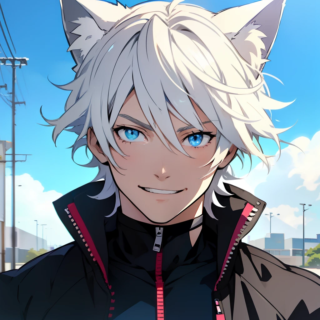 (Masterpiece, 4K resolution), cat ears, 1 boy, (((ANIME))), male focus, solo, smile, blue eyes, white hair, looking at the viewer, half-open jacket, pectoral focus, choker, unzipped jacket, ethereal background, anime face