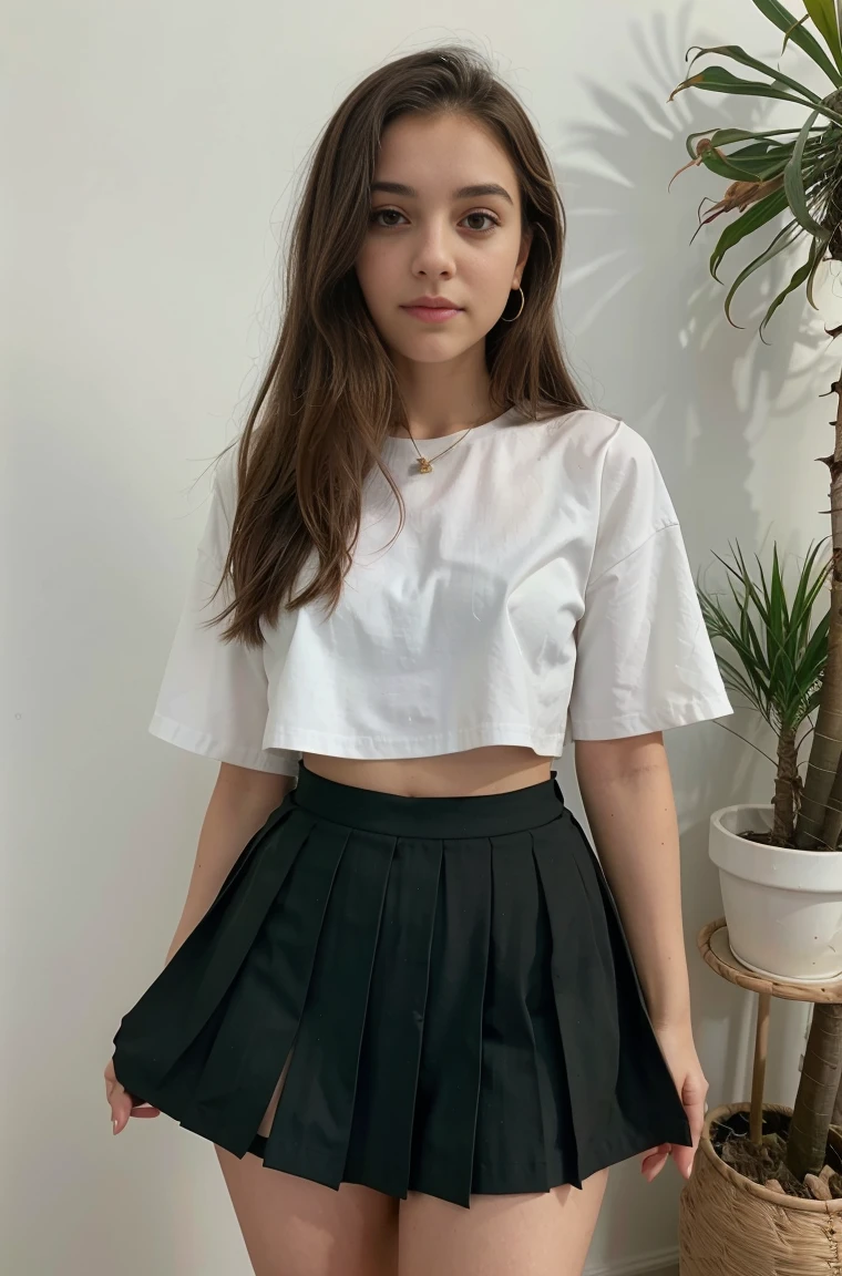 Uma garota jovem 20 anos cabelo curto, ela esta mini skirt pleated de pernas abertas, ela esta com um top curto marcando seus seios apertados nsfw