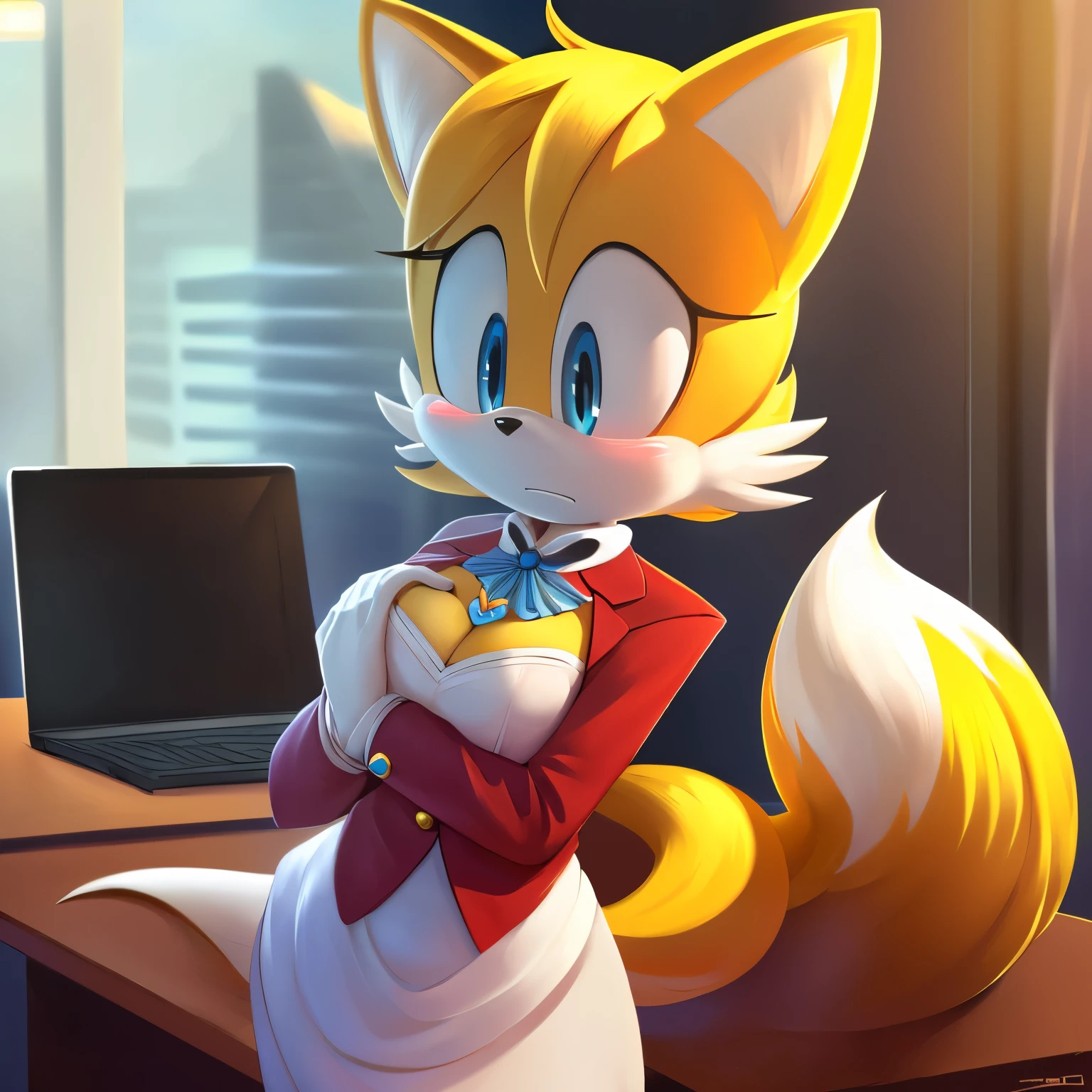 score_9, score_8_up, score_7_up, 2D, ((Masterpiece)), high quality, studio quality, ((((solo)))), ((((1girl)))), (((Tails the Fox but female))), Female Tails, Female, Mobian, Fox, (((light yellow fur))), (((long light yellow hair))), light blue eyes, ((above shoulder)), medium breasts, Jewel the Beetle cosplay, Jewel’s outfit, ((looking at herself)), ((embarrassed expression)), office, desk, laptop, window, night, lower back length hair, long hair, (hair bangs), ((nervously/scared)), furry female anthro, (((looking down at her own chest))), (she wears a rose red colored blazer with two navy buttons), ((long sleeved rose red blazer)), (((white cravat))), gold brooch with medium blue gem, (((one hand on chest)))
