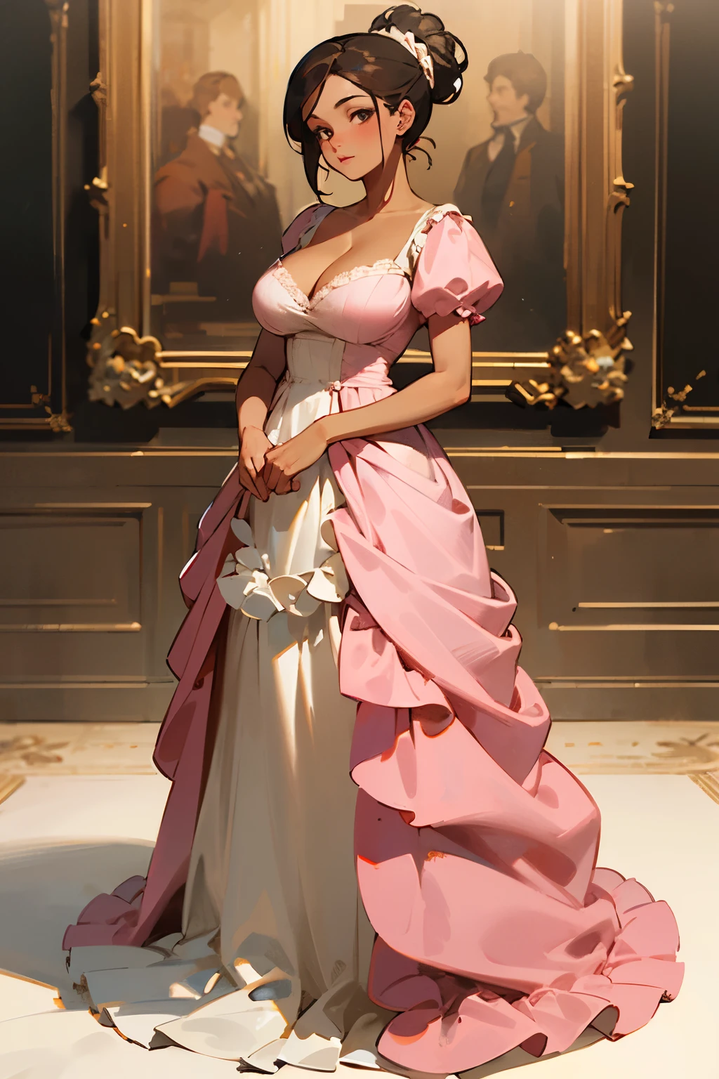 ((best quality)), ((masterpiece)), (detailed), perfect face, adult female, dark hair, dark eyes, light tan skin, chubby body, regency gown, regency era, full body, pink gown, cleavage, chemise dress, chemise gown, updo