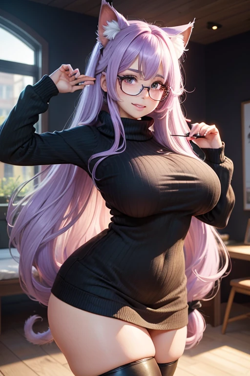 masterpiece, best quality, 1girl, ((looking at viewer)), lilac hair, purple eyes, long hair,  ahoge, sweater, sweater skirt, pantyhose, 163cm, hair between eyes, large breasts, massive butt:2, massive thick thighs:2, adult, 33 years old, mature, glasses, solo, sole, smile, cat ears, cat tail, fang, catgirl, animal ears