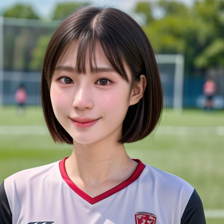 (kawaii 24 year-old Japanese girl, Nogizaka idol, Korean idol, soccer player), healthy female athlete body, (glossy black hair, very short hair, bangs:1.3), beautiful black eyes, rounded face, single eyelid, (no makeup:1.2), (soft smiling:1.2), (soccer uniform:1.3), extra small breasts, BREAK, (park background, summer daytime:1.2), (dynamic angle, bust shot:1.2), BREAK, (masterpiece, best quality, photo realistic, official art:1.4), (UHD, 8K quality wallpaper, high resolution, raw photo, golden ratio:1.3), (shiny skin), professional lighting, physically based rendering, award winning, (highly detailed skin texture, extremely detailed face and eyes textures), Carl Zeiss 85 mm F/1.4, depth of field, (1girl, solo),