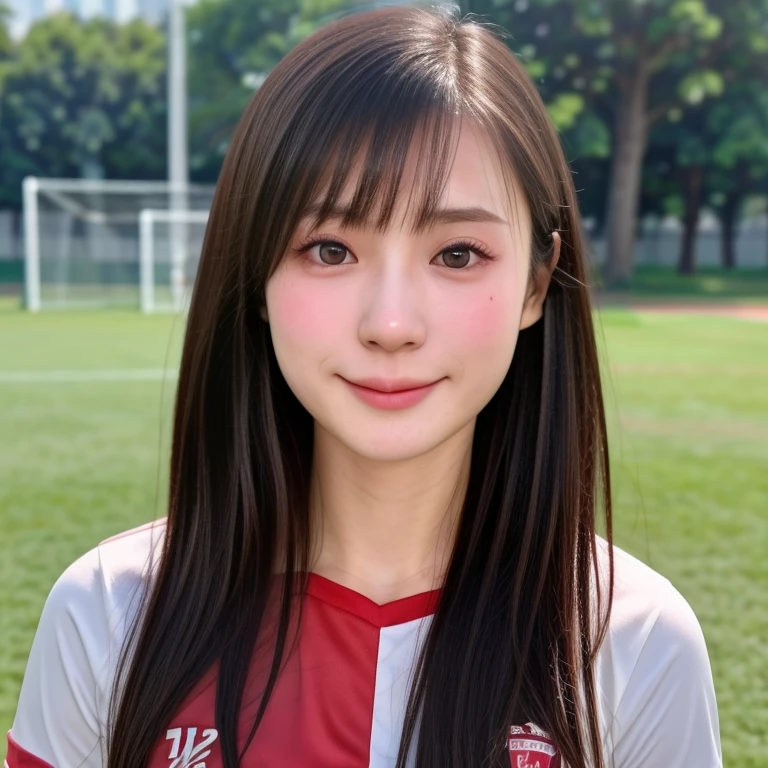 (kawaii 24 year-old Japanese girl, Nogizaka idol, Korean idol, soccer player), healthy female athlete body, (glossy black hair, very short hair, bangs:1.3), beautiful black eyes, rounded face, single eyelid, (no makeup:1.2), (soft smiling:1.2), (soccer uniform:1.3), extra small breasts, BREAK, (park background, summer daytime:1.2), (dynamic angle, bust shot:1.2), BREAK, (masterpiece, best quality, photo realistic, official art:1.4), (UHD, 8K quality wallpaper, high resolution, raw photo, golden ratio:1.3), (shiny skin), professional lighting, physically based rendering, award winning, (highly detailed skin texture, extremely detailed face and eyes textures), Carl Zeiss 85 mm F/1.4, depth of field, (1girl, solo),