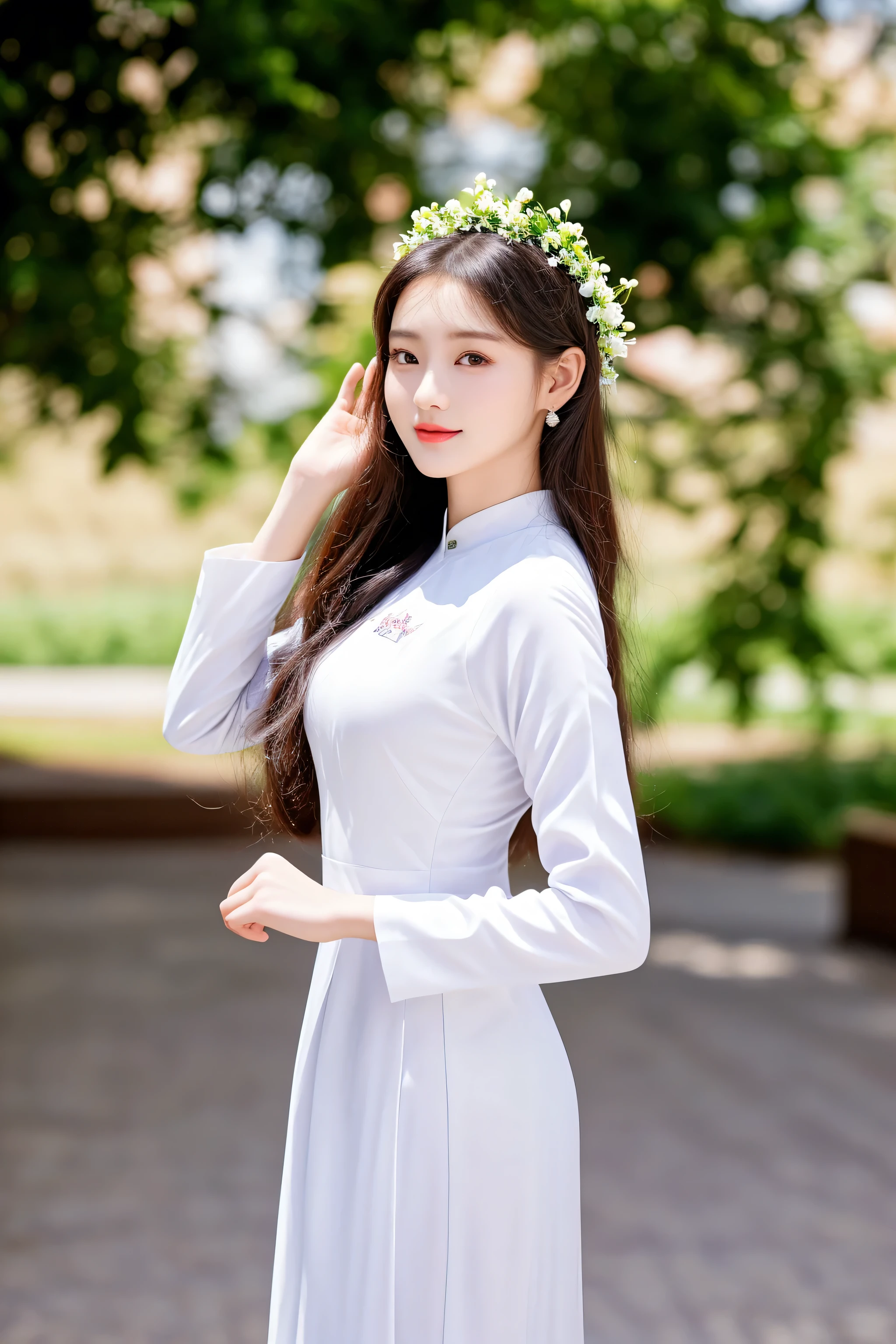 arafed asian woman in a white dress and a flower crown, ao dai, beautiful south korean woman, beautiful young korean woman, vietnamese woman, in style of lam manh, a beautiful woman in white, cute elegant pose, a cute young woman, korean girl, gorgeous young korean woman, with a long white, mai anh tran, wearing white dress