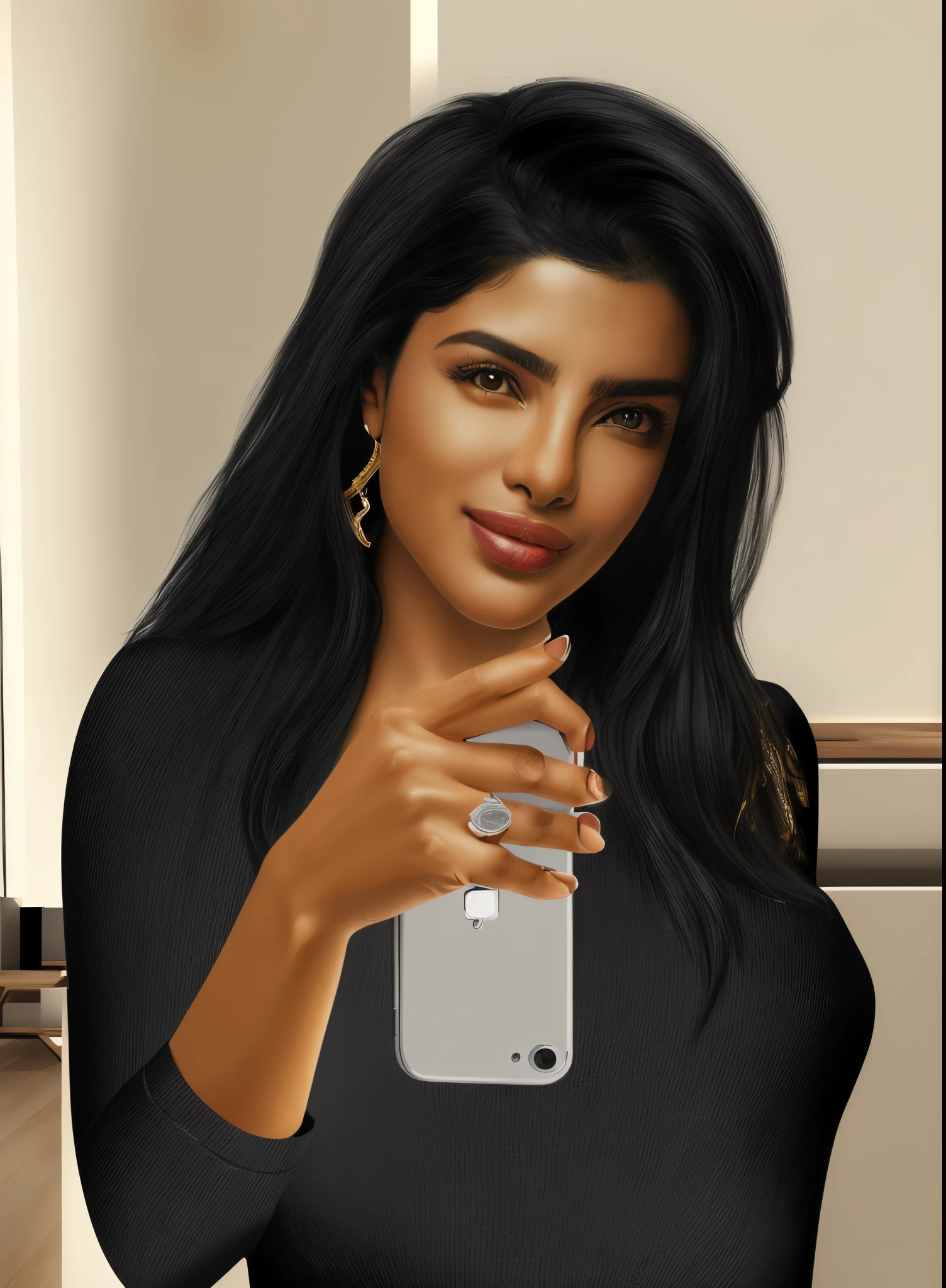 there is a woman taking a selfie with her cell phone, she is holding a smartphone, retrato de priyanka chopra, arte digital of an elegant, arte digital. foto realista, deusa verificando seu telefone, garota indiana com pele morena, verificando o celular dela, realistic digital illustration, Supermodelo indiana, photorealistic arte digital, foto selfie, pintado digitalmente, desenho digital realista