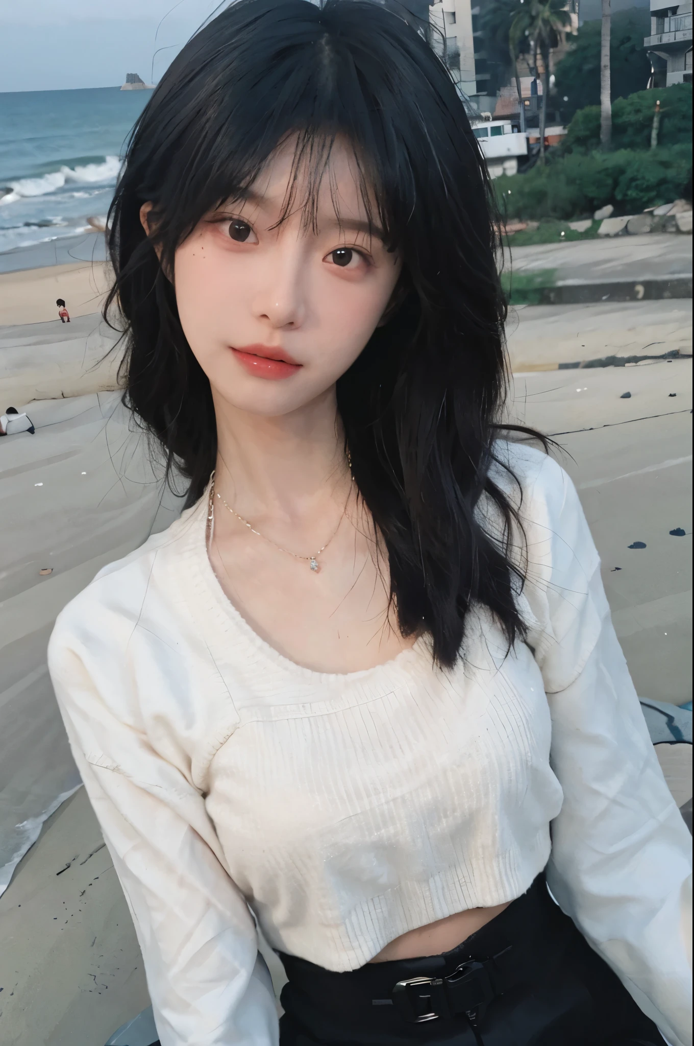 Best quality,Ultra-high resolution,(lifelike:1.4),Cute hairpin,1girll,Long curly hair,quarter sweater,Blush,Slim beauty:1.4,Visible abdominal muscles,on the beach,Ultra-fine face,Exquisite eyes,Double eyelids,necklace
