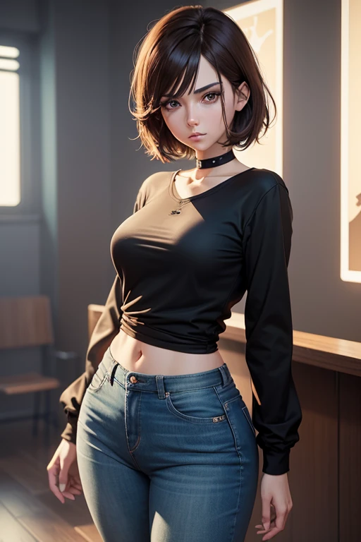 anime character of a woman with a black shirt longsleeve and blue jeans, short brown hair, neck length, green eyes, a digital painting inspired by Tomer Hanuka, trending on pixiv, serial art, heavy gesture style closeup, full body details, wearing casual clothes, style anime, anime style hyper detailed, anime style character, striking detailed artstyle, realistic artstyle, clean detailed anime style, modern anime style, Brown Hair, huge butt, huge thick thighs, small waist