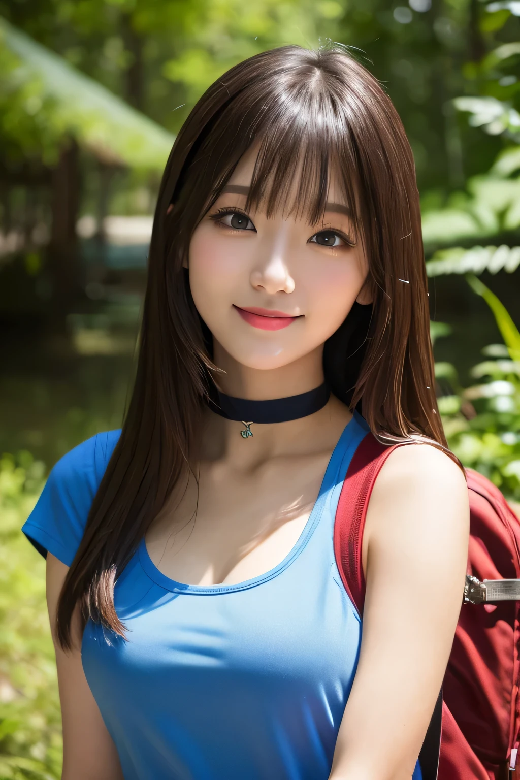 (highest quality, masterpiece:1.3, 超A high resolution), (Very detailed), Very detailed,High resolution 16k, Human skin close-up, The skin texture is natural, It must be detailed enough to be easily identifiable, Skin should look healthy and have an even tone, Use natural light and color, ((Royal Blue T-Shirt)), ((the body is slim)), girl, Japanese, 18-year-old, cute, Long Hair, Big Breasts, smile, Turn your body forward, (View from the front:1.1), Looking into the camera, focused on the chest, Light chestnut straight long hair, ((Black choker)), very long eyelashes, blue eyes, bangs, Big Breasts, Red lips, Fantasy、Mountain、blue sky、forest、camp、hiking、tent、Backpack、Full body portrait