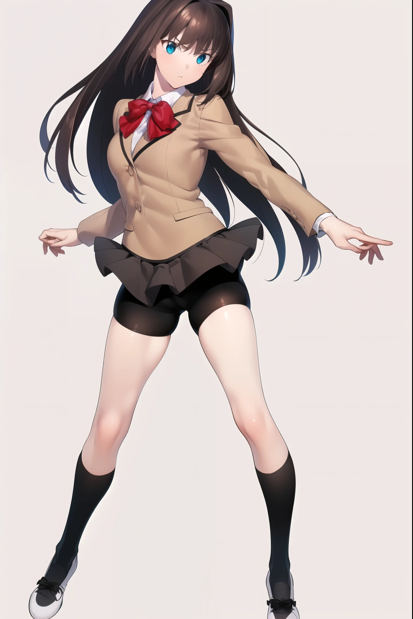 8k, high quality, AokoSchoolUniform, ((1girl)), solo, ,(chestnut-brown hair with reddish undertones), perfect face, red bowtie, beige blazer, (((dark brown pleated mini skirt:1.2))), (black spandex shorts:1.4), (nice thighs:1.4), (thigh-high black stockings), brown mary jane shoes, (standing, (full body), (white empty background:1.3)
