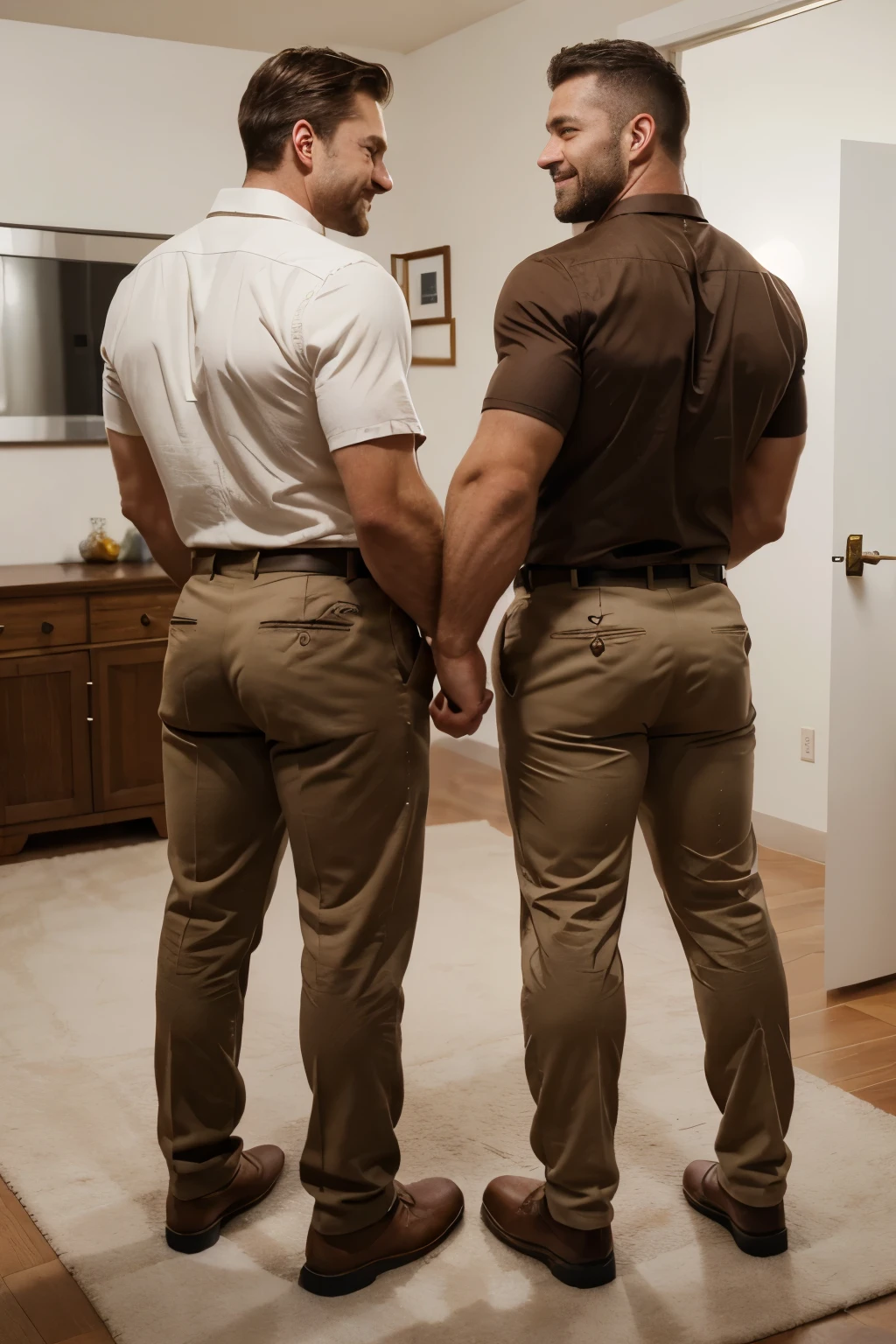 Award-winning original photoen, 30 years old man and wild muscular man, 40 years old, short beards, burly, hunk, wearing shirts, smilling happil, detailed, lovely, full body,  brown formal trousers (((backside)))