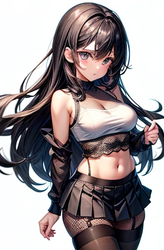 (Thick eyebrows)、pretty girl、boyish、(Petite)、(Baby Face)、Cute Face、Beautiful eyes、(Full Body Shot)、 (Big Breasts)、Thin fabric tank top、Super short skirt、Pleated Skirt、Skirt flip、Lace fabric pants、Black fishnet pantyhose、garter belt、Panties in full view、Nipples