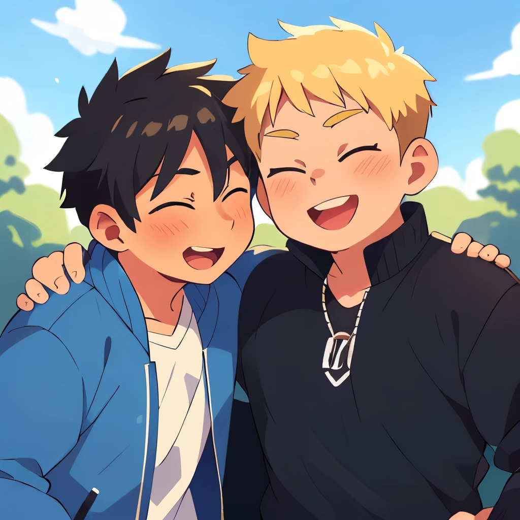 2 boy,kiss,(close eyes:1.2),(be happy:1.4),shoulder to shoulder,,happy blonde and black hair,black eyes,jacket,shirt,blush,(happy smile),blue sky backgroundy,Masterpiece,Top Quality,High quality,Ultra detailed,insanely detailed,beautiful,detailed eyes,anime style