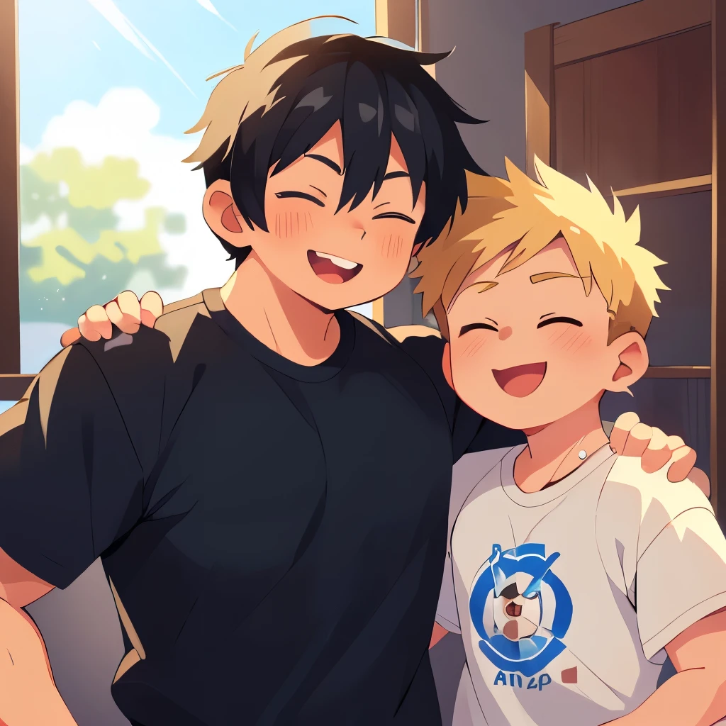 2 boy,kiss,(close eyes:1.2),(be happy:1.4),shoulder to shoulder,************,happy blonde and black hair,black eyes,jacket,shirt,blush,(happy smile),blue sky backgroundy,Masterpiece,Top Quality,High quality,Ultra detailed,insanely detailed,beautiful,detailed eyes,anime style