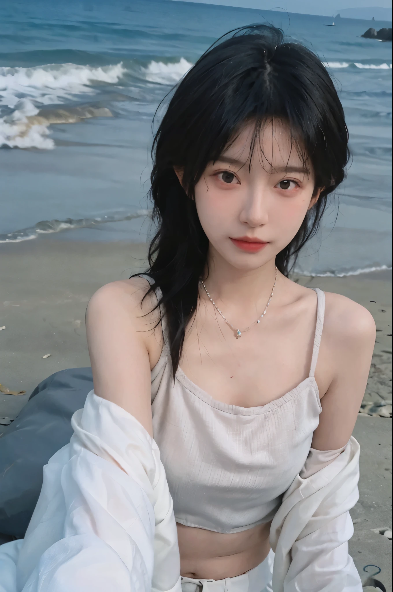 Best quality，Ultra-high resolution，（lifelike：1.4），Cute hairpin，1girll，Long curly hair，jk，Blush，Slim beauty：1.4，Visible abdominal muscles，on the beach，Ultra-fine face，Exquisite eyes，Double eyelids，necklace