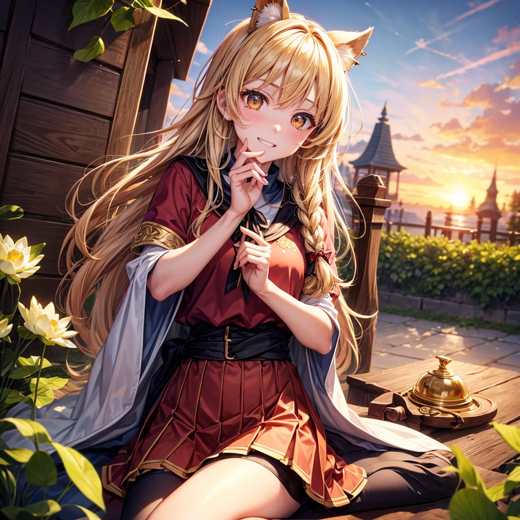 Pink gold golden hair、Golden Eyes、Braid、One good looking girl、solo、anime、Checkered mini skirt、Ruffles on the skirt、Red T-shirt、Cape、Gothic、Black knee-high socks、bandana、Wearing a ribbon、Ribbon on waist、Tilting face、Teeth are visible、Sunset sky、Piercing the clouds、Contrail、tree、Touching your face、lotus leaves、Cumulonimbus、Pillar of Light、Magic wand、Sitting on a golden treasure chest、Throb