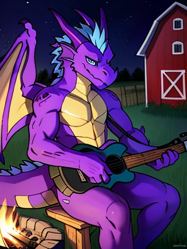 , (((Rampageman 
A purple anthropomorphic male dragon with purple horns, light blue eyes, and light blue spiky hair and yellow torso sitting on the wooden chair with a wooden guitar playing with the guitar outside next to a campfire at night 
With a barn and field in the background,(( rampage, huge , purple dragon with wings and a very tan chest and has hair on his head )) , with a very romantic look and pose))) , big chest , day, , sensual, detailed, uploaded to e621, beautiful and detailed portrait of an anthropomorphic , (((male))) uploaded to e621, zaush, foxovh, movie lighting, thicc, alone, detailed, 8k res, hires, detailed eyes, good anatomy, good perspective, towards viewer, by bebebebebe, by sicklyhypnos, by gerkk, by orf, nice hands, perfect hands, happy, romantic, ray tracing lighting, rtx on, By Bebebebebe, by SpiritD, by KOBITOWANI, b est quality, masterpiece, perfect anatomy, detai led picture)), 1femboy, , sexy body, fluffy tail, shy, horny, romantic, up close, wearing not a single bit of clothing, huge thighs, Rampageman 
A purple anthropomorphic male dragon with purple horns, light blue eyes, and light blue spiky hair and yellow torso sitting on the wooden chair with a wooden guitar playing with the guitar outside next to a campfire at night 
With a barn and field in the background,   Rampageman 
A purple anthropomorphic male dragon with purple horns, light blue eyes, and light blue spiky hair and yellow torso sitting on the wooden chair with a wooden guitar playing with the guitar outside next to a campfire at night 
With a barn and field in the background