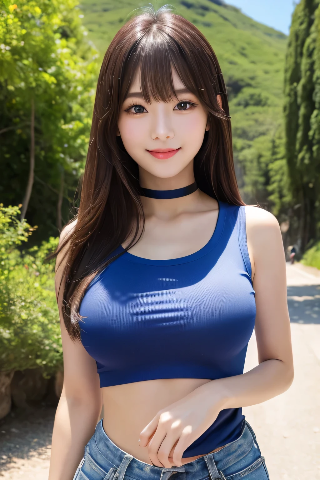 (highest quality, masterpiece:1.3, 超A high resolution), (Very detailed), Very detailed,High resolution 16k, Human skin close-up, The skin texture is natural, It must be detailed enough to be easily identifiable, Skin should look healthy and have an even tone, Use natural light and color, ((Royal Blue T-Shirt)), ((the body is slim)), girl, Japanese, 18-year-old, cute, Long Hair, Big Breasts, smile, Turn your body forward, (View from the front:1.1), Looking into the camera, focused on the chest, Light chestnut straight long hair, ((Black choker)), very long eyelashes, blue eyes, bangs, Big Breasts, Red lips, Fantasy、Mountain、blue sky、camp、hiking、tent、Backpack、Full body portrait、View from the top of the mountain