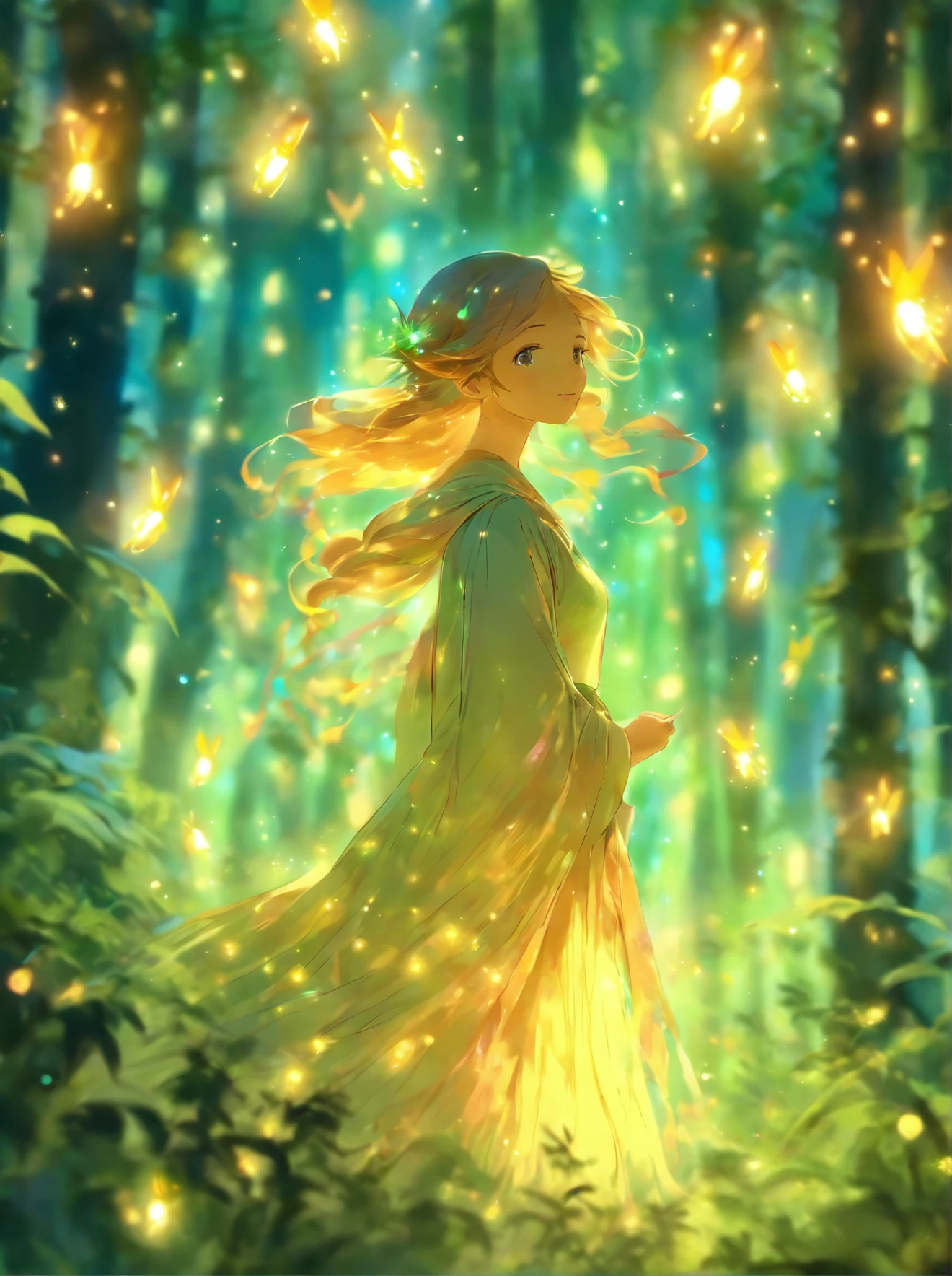 painting of a woman in a forest with a light shining on her, the moonlit dance of the fae, concept art magical highlight, enchanted with nature spirit, fireflies and sparkling wisps, magical concept art, in a magical forest, a friendly wisp, in the magical forest, magical forest with fireflies, in a forest at night, fairytale painting