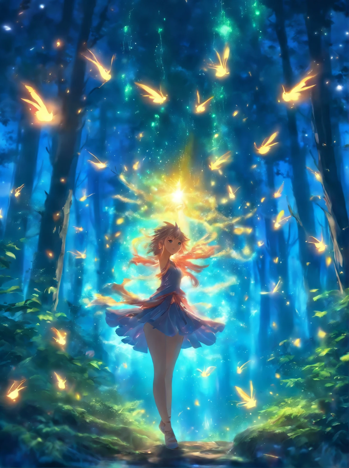 painting of a woman in a forest with a light shining on her, concept art by Jason Benjamin, trending on cgsociety, fantasy art, the moonlit dance of the fae, concept art magical highlight, enchanted with nature spirit, fireflies and sparkling wisps, magical concept art, in a magical forest, a friendly wisp, in the magical forest