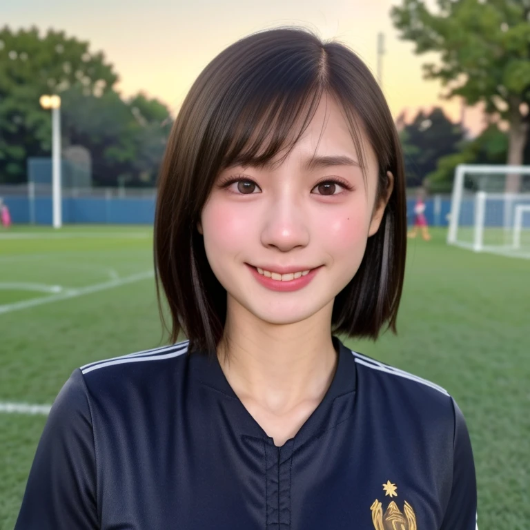 (kawaii 24 year-old Japanese girl, Nogizaka idol, Korean idol, soccer player), healthy female athlete body, (glossy black hair, very short hair, bangs:1.3), beautiful black eyes, rounded face, single eyelid, (no makeup:1.2), (big laughing:1.2), (soccer uniform:1.3), extra small breasts, BREAK, (park background, summer daytime:1.2), (dynamic angle, bust shot:1.2), BREAK, (masterpiece, best quality, photo realistic, official art:1.4), (UHD, 8K quality wallpaper, high resolution, raw photo, golden ratio:1.3), (shiny skin), professional lighting, physically based rendering, award winning, (highly detailed skin texture, extremely detailed face and eyes textures), Carl Zeiss 85 mm F/1.4, depth of field, (1girl, solo),