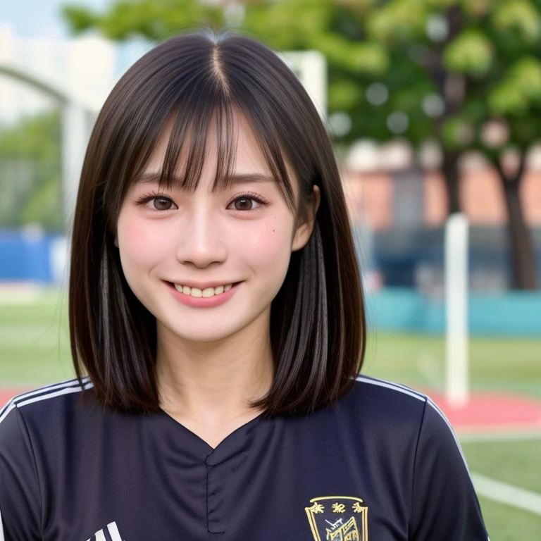 (kawaii 24 year-old Japanese girl, Nogizaka idol, Korean idol, soccer player), healthy female athlete body, (glossy black hair, very short hair, bangs:1.3), beautiful black eyes, rounded face, single eyelid, (no makeup:1.2), (big laughing:1.2), (soccer uniform:1.3), extra small breasts, BREAK, (park background, summer daytime:1.2), (dynamic angle, bust shot:1.2), BREAK, (masterpiece, best quality, photo realistic, official art:1.4), (UHD, 8K quality wallpaper, high resolution, raw photo, golden ratio:1.3), (shiny skin), professional lighting, physically based rendering, award winning, (highly detailed skin texture, extremely detailed face and eyes textures), Carl Zeiss 85 mm F/1.4, depth of field, (1girl, solo),