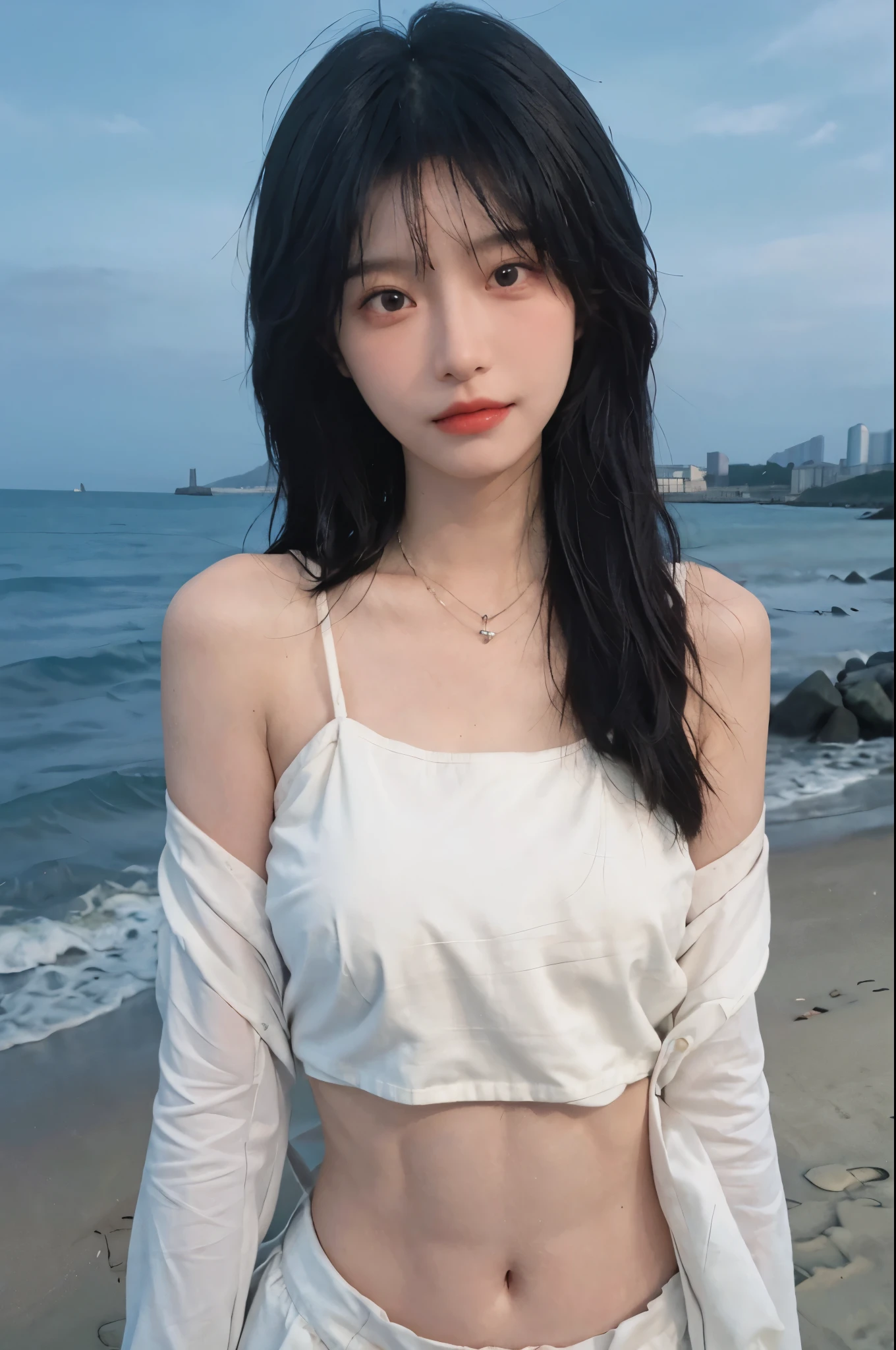 Best quality，Ultra-high resolution，（lifelike：1.4），Cute hairpin，1girll，Long curly hair，jk，Blush，Slim beauty：1.4，Visible abdominal muscles，on the beach，Ultra-fine face，Exquisite eyes，Double eyelids，necklace