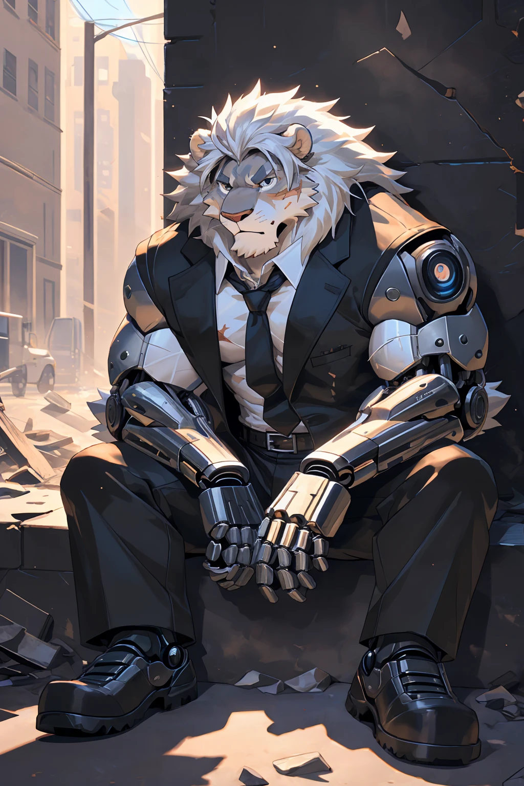 (male focus, Handsome 1boy, single, solitary:1.3), Imperial General,protrait photo, (Black claws,Black nails:1.4), (White thick eyebrows, White mane:1.2), (White ears:1.4), (White hair, White skin, White body:1.4), (Perfect black eyes,:1.4),
, Semi-mechanized, lion, lion boy, lion body, (big eyes, large eyes:1.3), Chubby, Larger face, (White tail, lion的尾巴:1.2), Human feet,
(Black military uniform, Black tie, Black leather belt, Black military boots:1.3), Black gloves, Ragged clothes, Tattered pants, (Mechanical arm, Mechanical feet, Mechanical prosthetic eye:1.3),
(full body:1.2), Whole body, (Mature men:1.3), muscle, Strong male, muscle男, Chest muscles, Abdominal muscles, (Stout legs:1.3), (sitting, Sitting by the wall:1.3), (Looking at each other, Focus, Eyes gaze:1.2), (Serious expression, Fierce expression, A vicious look:1.3), (It's covered in scars, Bleeding:1.2), The mechanical part is smoking, Mars,
full background, (Loess surface, shattered wall, ruins, Smoke, Dark clouds, crumb, Mechanical Parts, Mechanical debris everywhere:1.1),
Mysterious and romantic atmosphere, Caustic lines(refraction, polarization)Perfect anatomical structure, absurd, Detailed background, Delicate eyes,Printing style。(artist:Takemoto Arashi)