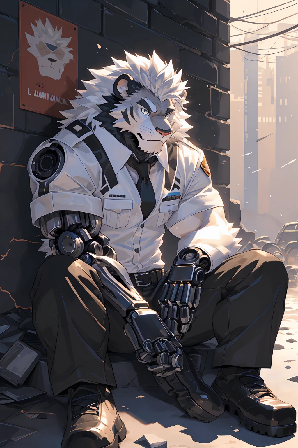 (male focus, Handsome 1boy, single, solitary:1.3), Imperial General,protrait photo, (Black claws,Black nails:1.4), (White thick eyebrows, White mane:1.2), (White ears:1.4), (White hair, White skin, White body:1.4), (Perfect black eyes,:1.4),
, Semi-mechanized, lion, lion boy, lion body, (big eyes, large eyes:1.3), Chubby, Larger face, (White tail, lion的尾巴:1.2), Human feet,
(Black military uniform, Black tie, Black leather belt, Black military boots:1.3), Black gloves, Ragged clothes, Tattered pants, (Mechanical arm, Mechanical feet, Mechanical prosthetic eye:1.3),
(full body:1.2), Whole body, (Mature men:1.3), muscle, Strong male, muscle男, Chest muscles, Abdominal muscles, (Stout legs:1.3), (sitting, Sitting by the wall:1.3), (Looking at each other, Focus, Eyes gaze:1.2), (Serious expression, Fierce expression, A vicious look:1.3), (It's covered in scars, Bleeding:1.2), The mechanical part is smoking, Mars,
full background, (Loess surface, shattered wall, ruins, Smoke, Dark clouds, crumb, Mechanical Parts, Mechanical debris everywhere:1.1),
Mysterious and romantic atmosphere, Caustic lines(refraction, polarization)Perfect anatomical structure, absurd, Detailed background, Delicate eyes,Printing style。(artist:Takemoto Arashi)