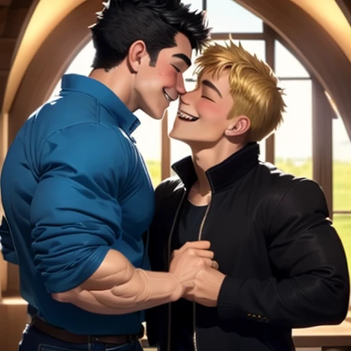 2 boy,kiss,(close eyes:1.2),(be happy:1.4),shoulder to shoulder,16 years old,happy blonde and black hair,black eyes,jacket,shirt,blush,(happy smile),blue sky backgroundy,Masterpiece,Top Quality,High quality,Ultra detailed,insanely detailed,beautiful,detailed eyes,anime style