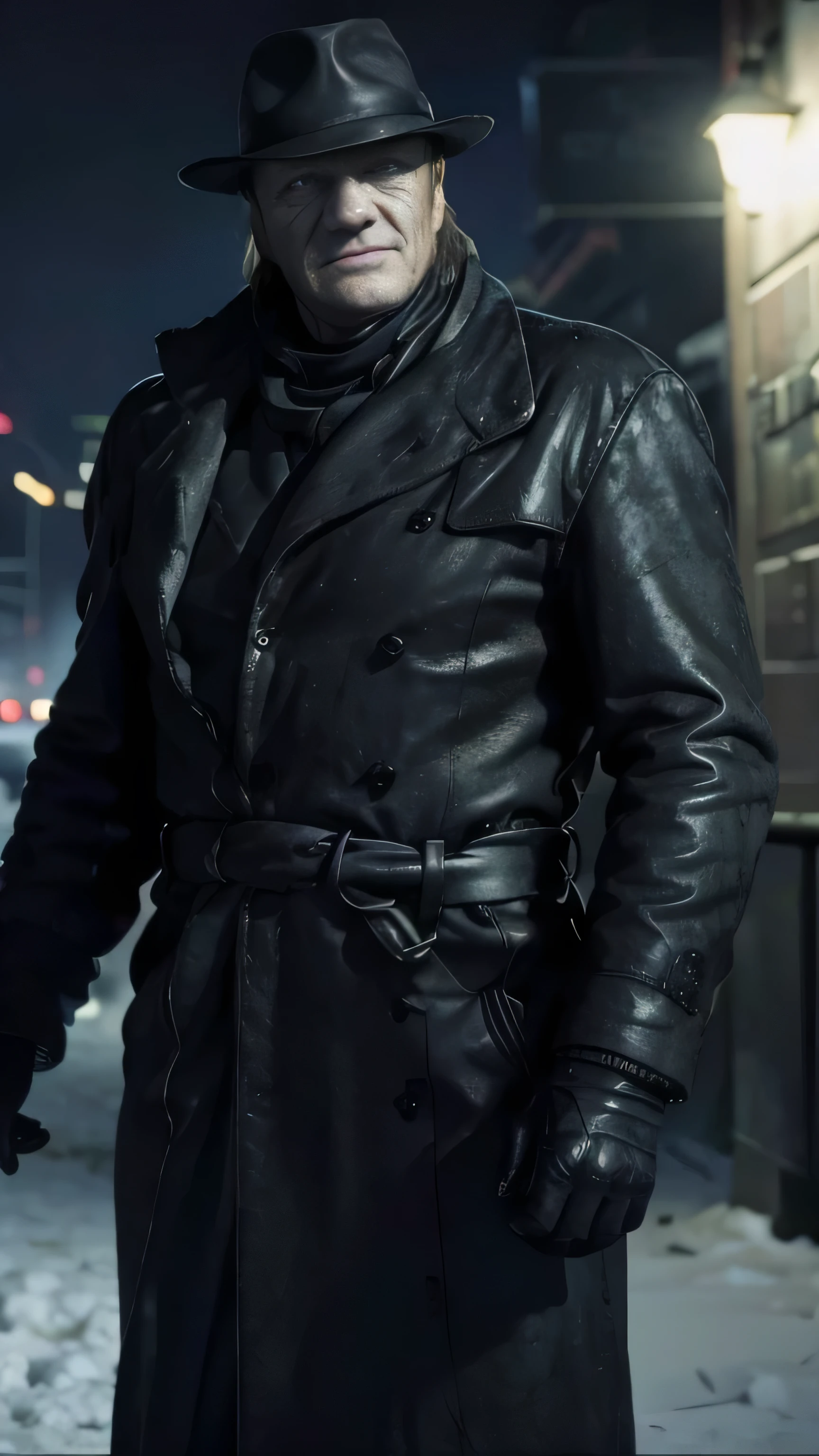 horror, (Sean Bean) as Mr. X, stubble, bald, hat, black coat, grey eyes, standing, in a city, cold, winter, snow, (1man), (solo), (full body view), beautiful detailed glow, detailed, cinematic light, intricate detail, realistic, highres, detailed facial features, high detail, sharp focus, smooth, aesthetic, extremely detailed, stamp, octane render