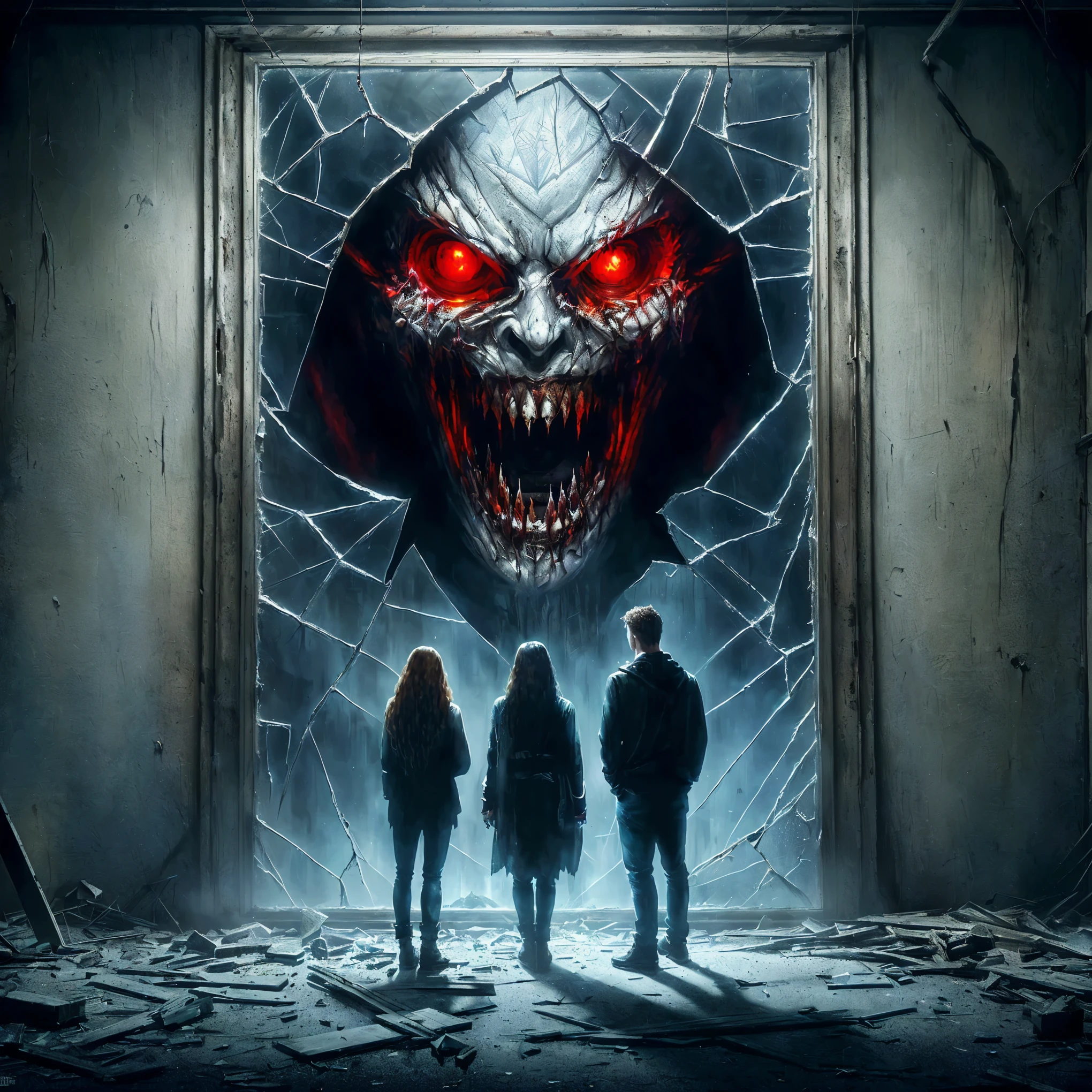 arafed image of two people standing in front of a broken window, detailed 4k horror artwork, digital horror artwork, horror artwork, 1 3 ghosts movie artwork, horror fantasy art, sci-fi horror artwork, fantasy horror art, horror art, horror concept art, ( ( ( horror art ) ) ), scary art, hyperrealistic nightmare scene, nightmare digital art