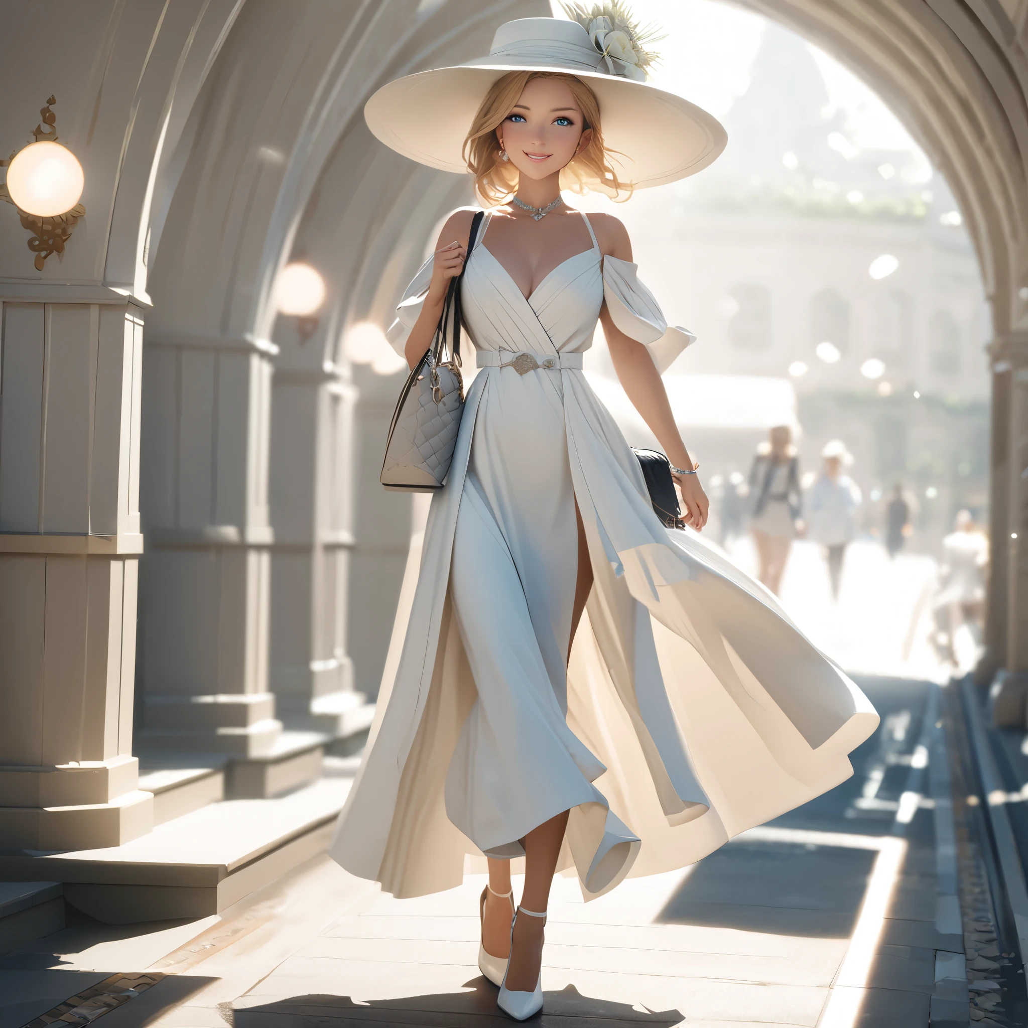 A woman wearing sophisticated white dress, with exposed leg, blonde hair, blue eyes, smiling, white madam's hat, white heels, walking on a sophisticated London promenade, holding a luxury handbag, wearing sunglasses, daytime location with realistic lighting, very detailed track,atmospheric perspective, 8k, superdetail, accurate, best quality, full body, award-winning, textured skin, high resolution, anatomically correct, bokeh effect, ((solo woman).