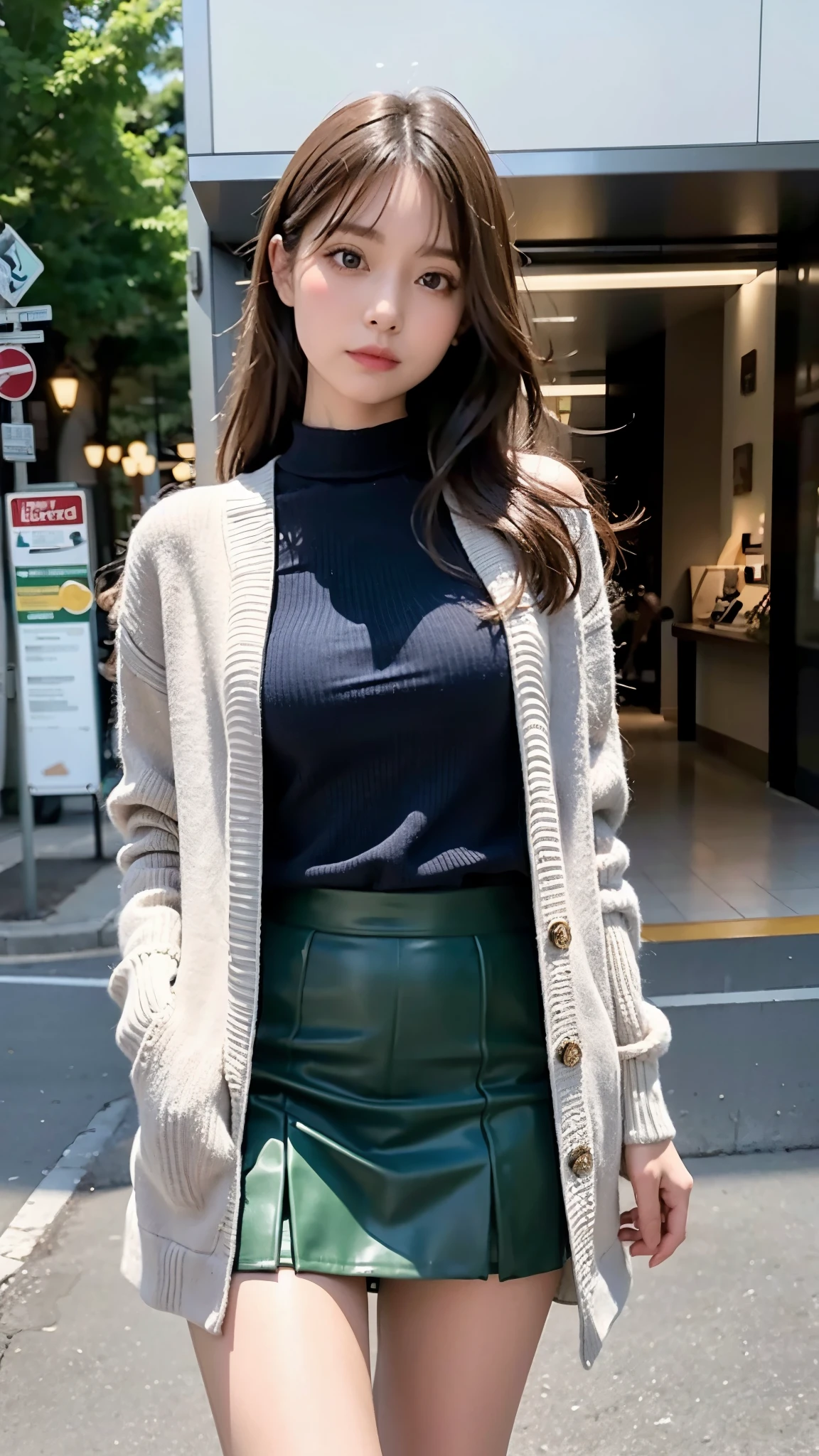 (masterpiece, highest quality, High resolution), Sian Carcadigan, sweater, dark_green_shirt,mini skirt, Are standing, Open clothes, alone,