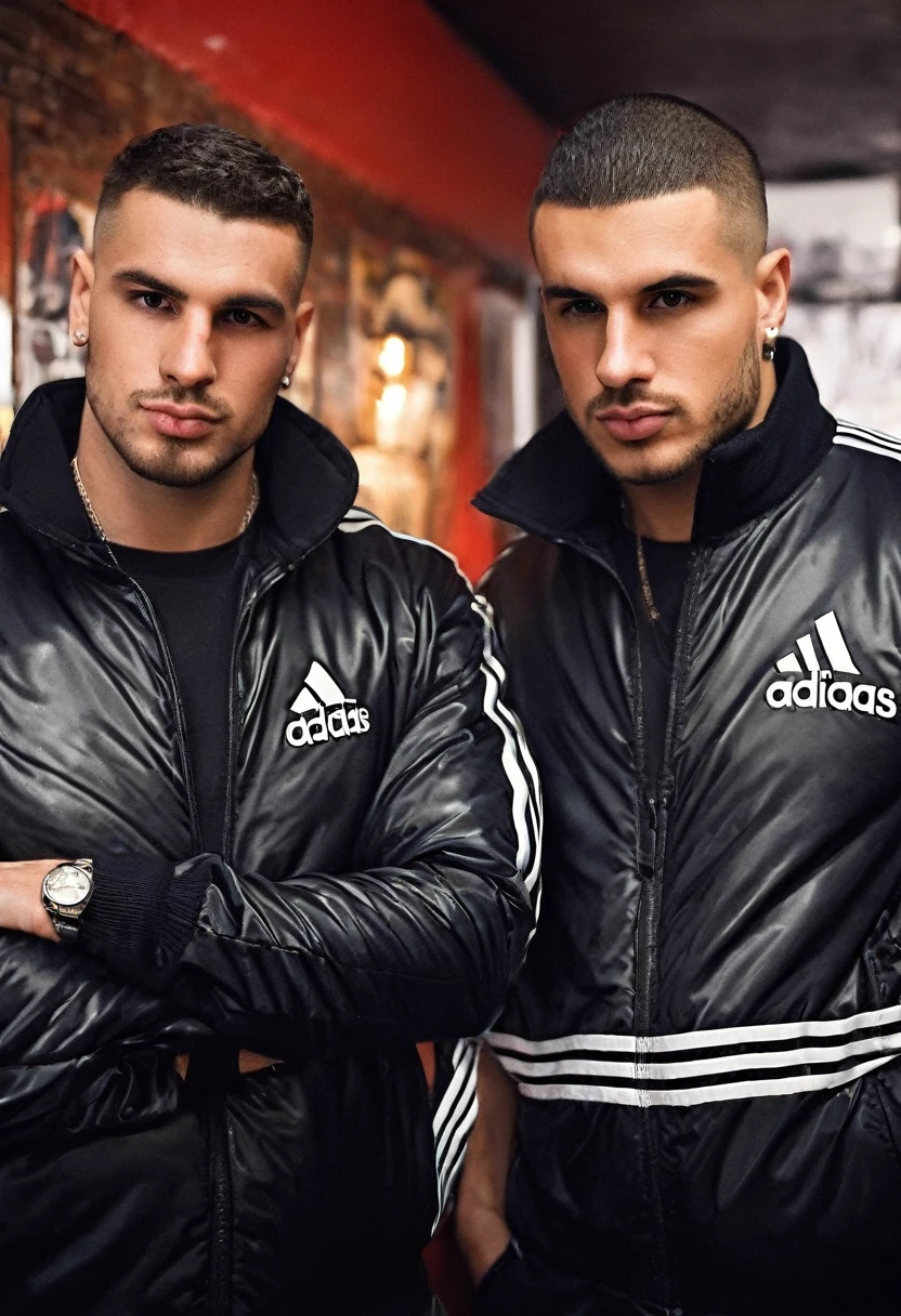 Graffiti urban style, portrait of medium body of two:chav guys handsome 35 year old Chavs,muscular and athletic,having a beer inside a bar in London, more scally men in the background, some light beard, full black leather cap "adidas"++,  red shiny latex or nylon tracksuit++, ((low angle)), legs apart, dynamic pose, wearing a super inflated huge shiny black puffer jacket "Adidas"++,Extremely Realistic+++,depth of field:1.4, bulge, adidas tracksuit, detailed hand++, detailed hands++, perfect hand++, perfect hands++, masterpiece face++, masterpiece hands++, detaled hands, perfect hand, perfect body, perfect bulge, realistic, ultra textured skin:1.6, ultra textured cloth:1.6, super ultra textured materials:1.7, small details corrected, highly textured skin:1.5, textured clothing:1.7, perfect hands:1.7, hands without fused fingers:1.8