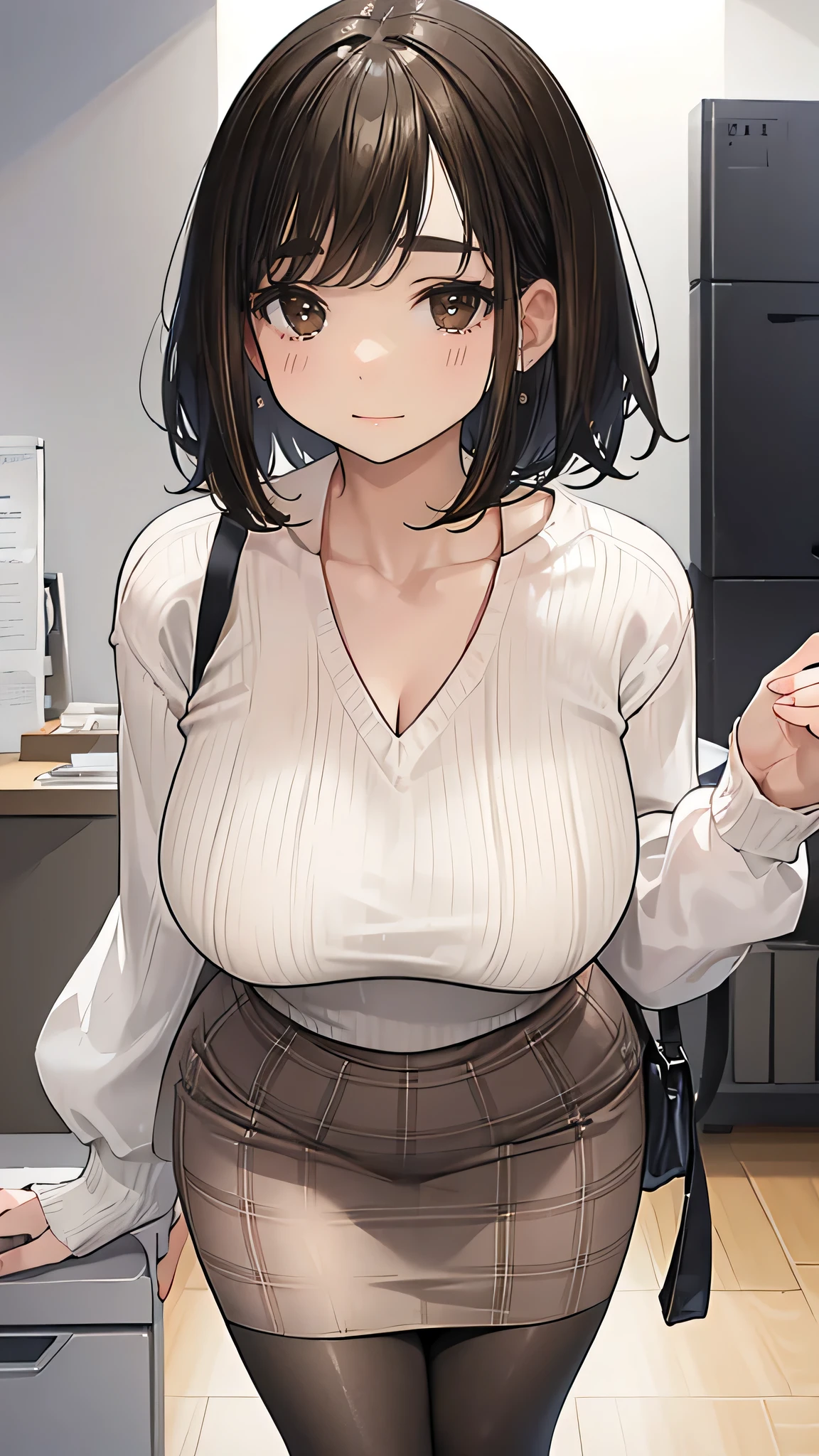 (masterpiece、highest quality、Super detailed)、1 girl、black hair、bob cut、((9:1 Bangs))、((brown eyes:1.3))、slightly thicker eyebrows、evil smile、pink lip、((very big breasts))、((white knit))、cleavage、((Plaid pencil skirt))、((black pantyhose))、cowboy shot、office